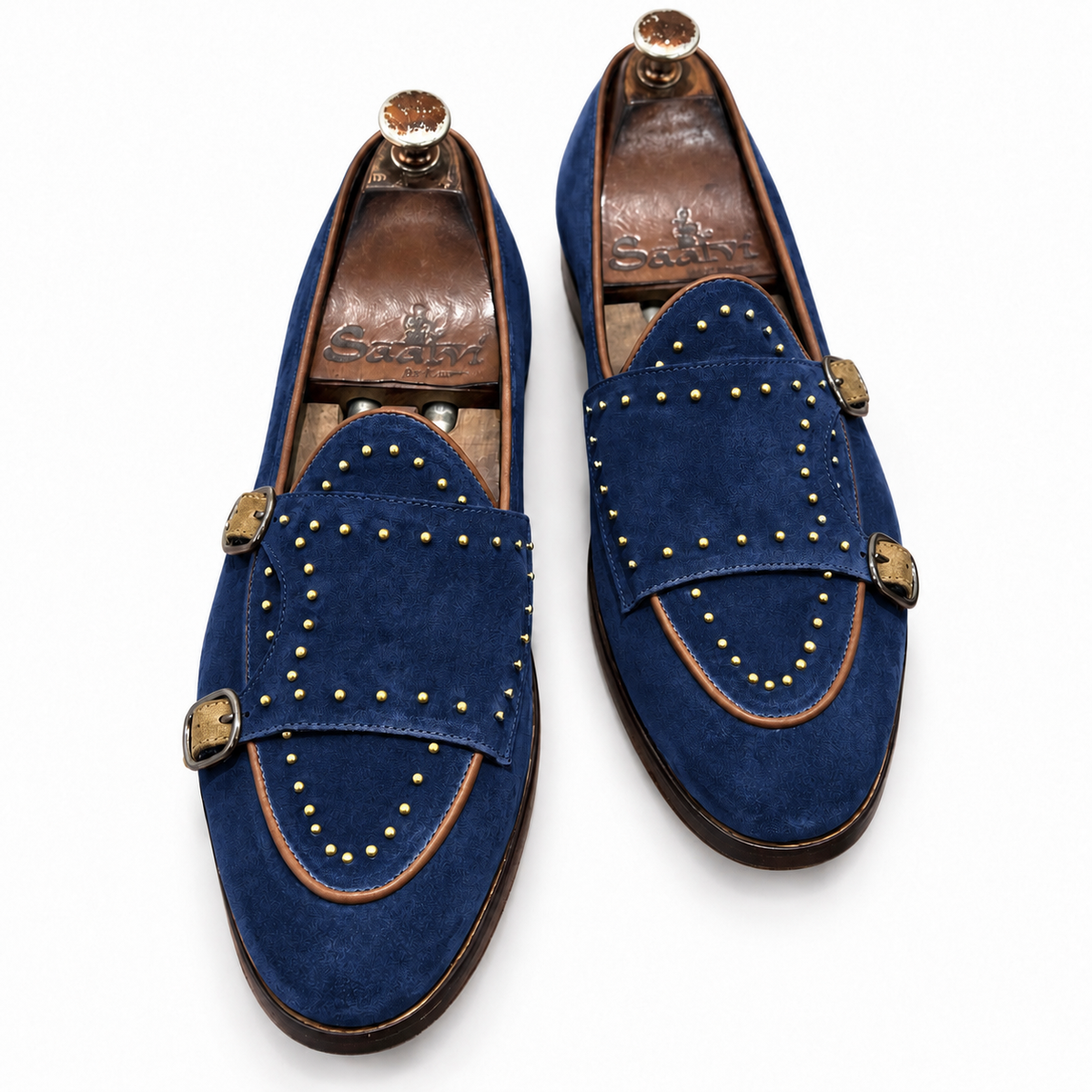 Navy Blue Double Monk Strap Shoes for Men | Studded Formal Shoes