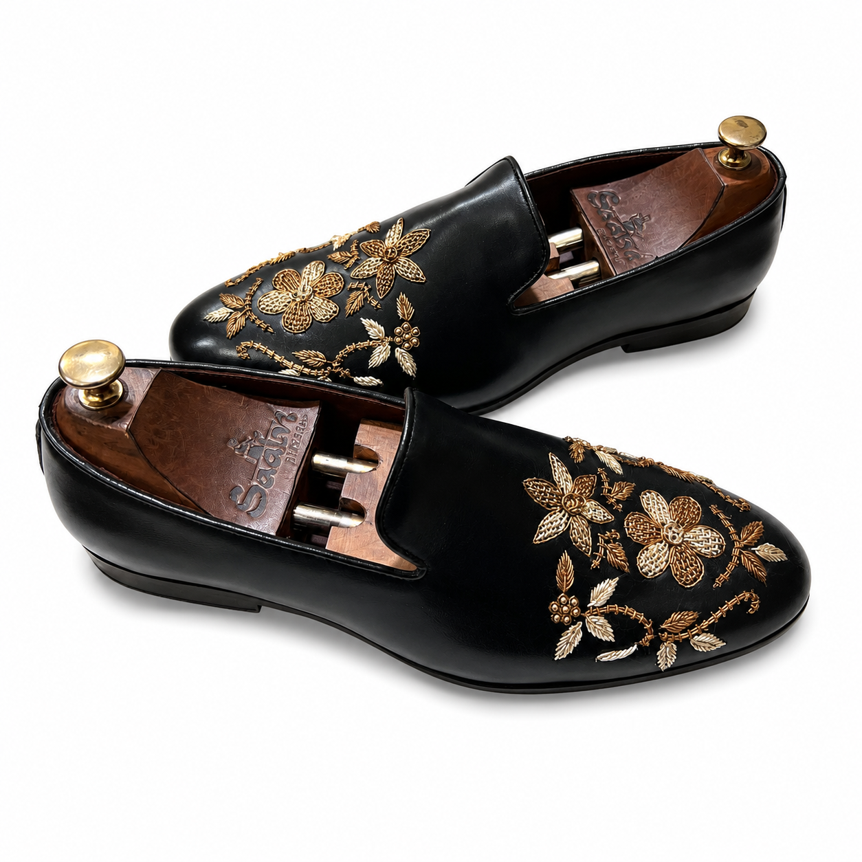 Black Leather Flower Zardosi Slipons