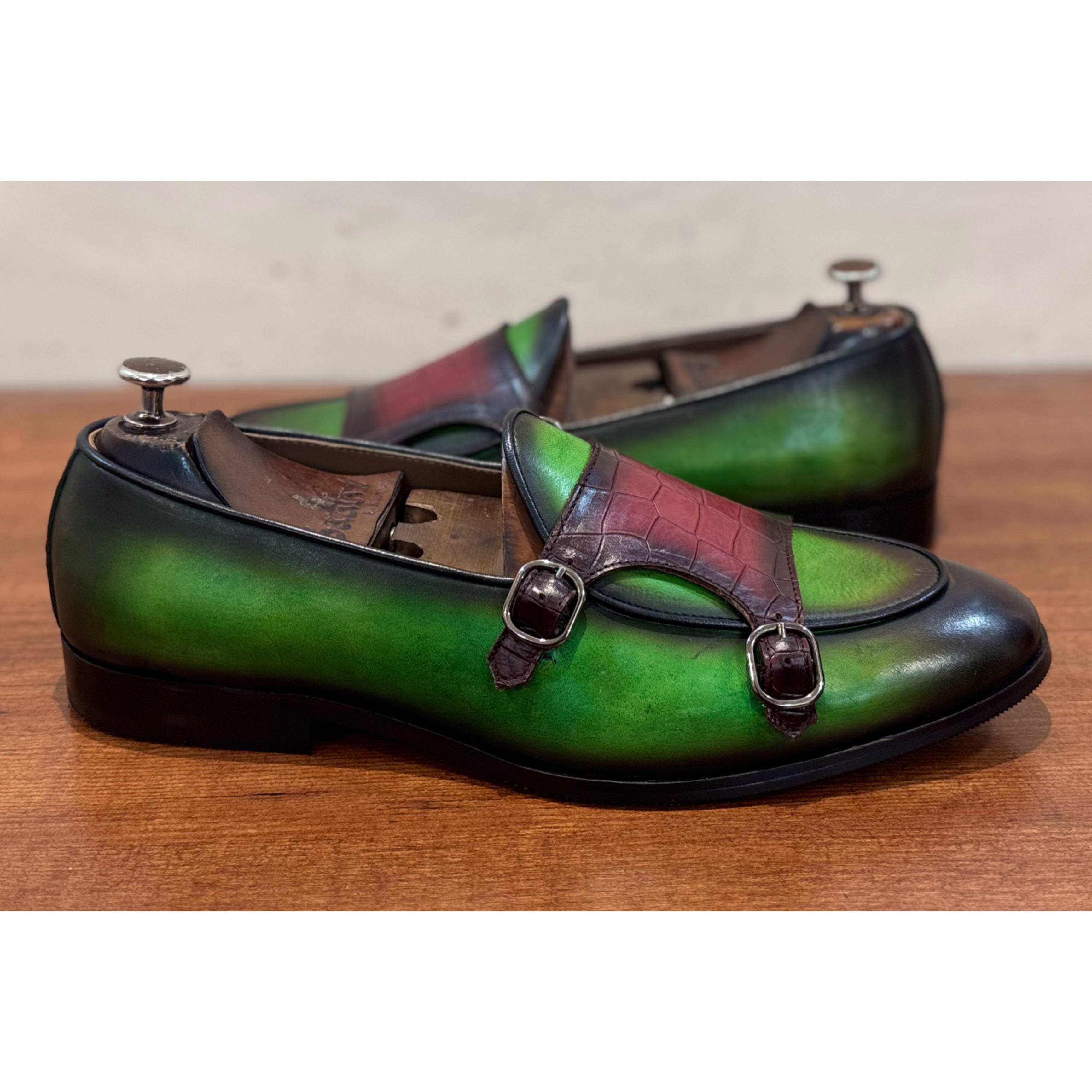 Belgian Monk Strap Green Hand Patina