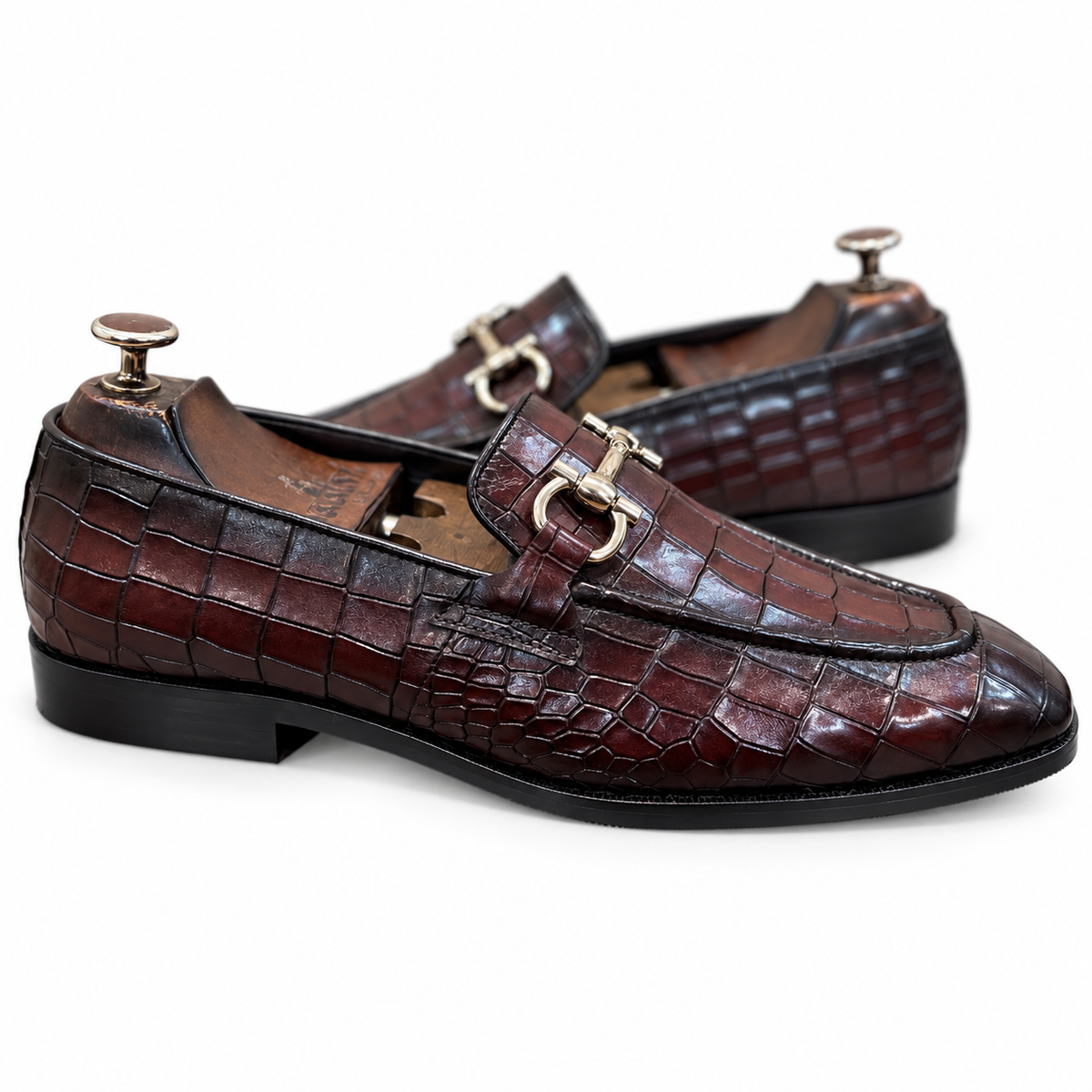 Oxblood Croc Horsebit Loafers