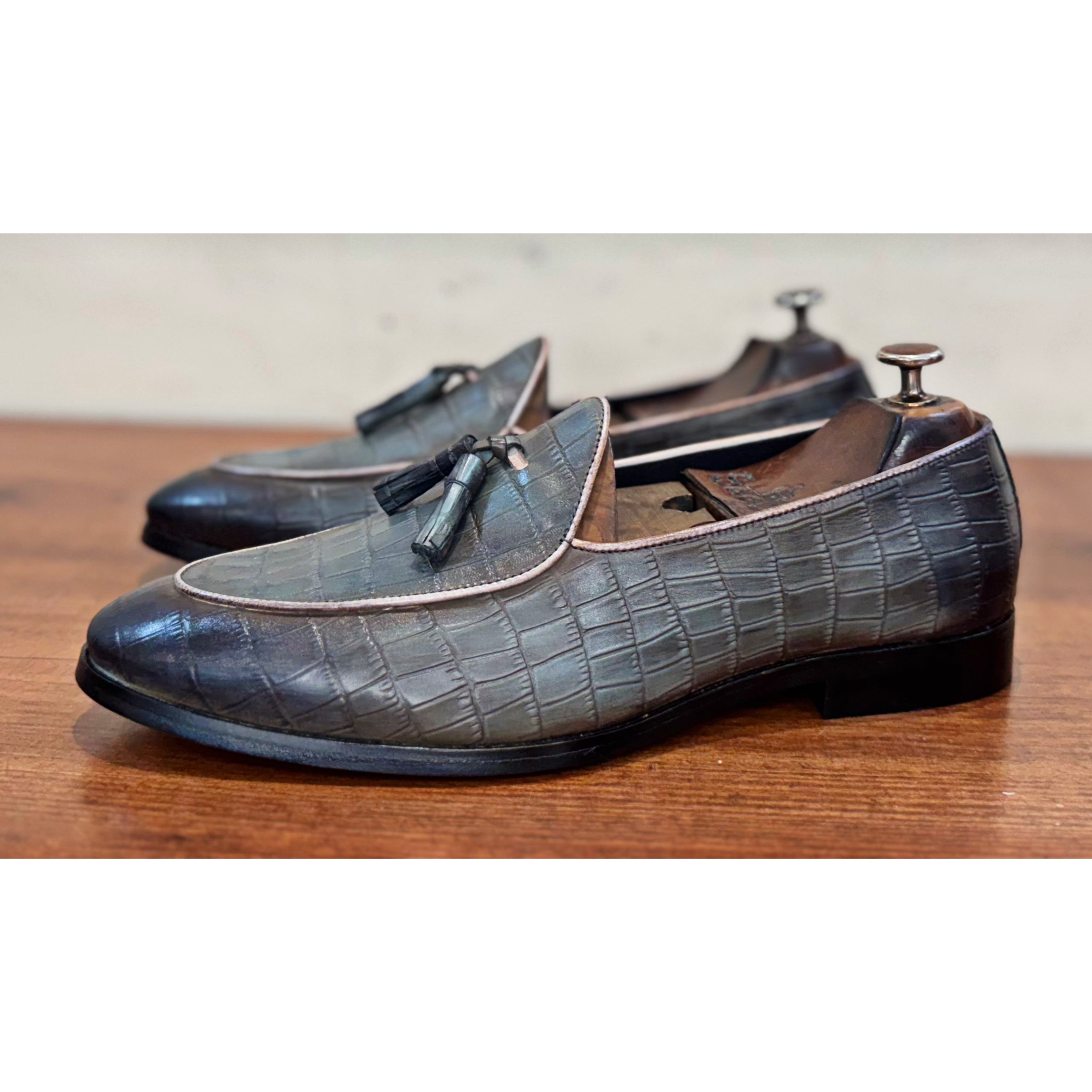 Belgian Loafers Grey Croco with Tassels