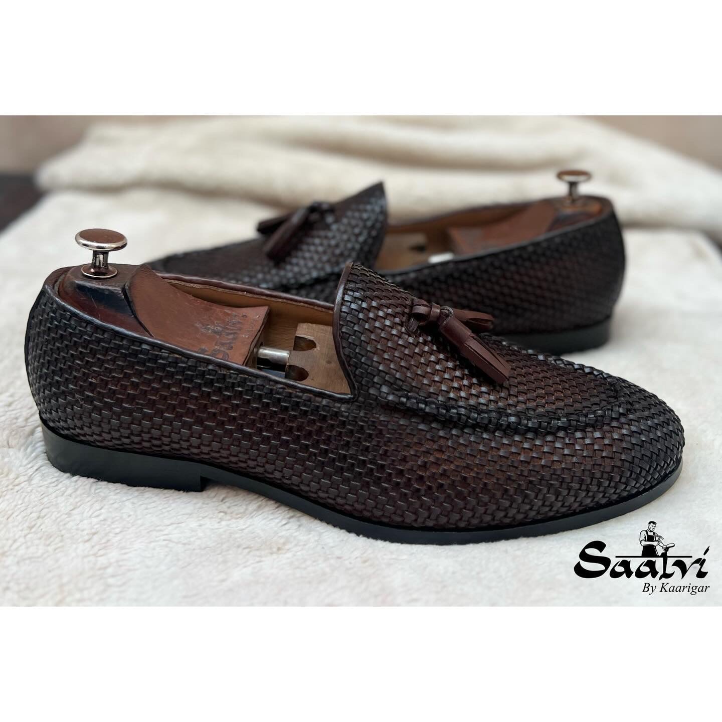 Brown Hand Woven Loafers With Tassels