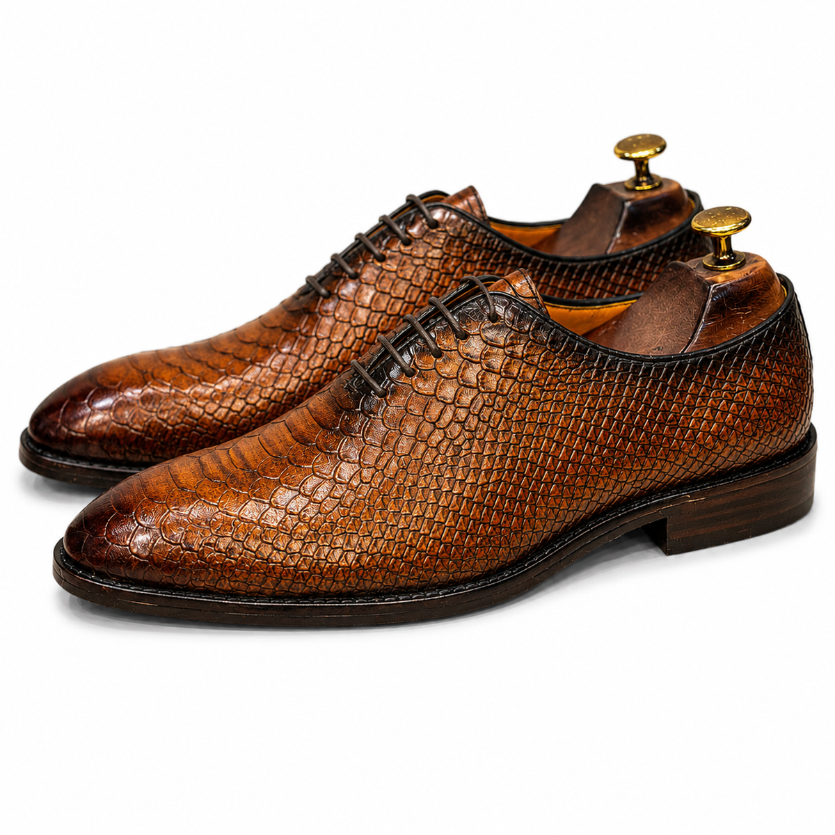 Cognac Snake Embossed Leather Oxford