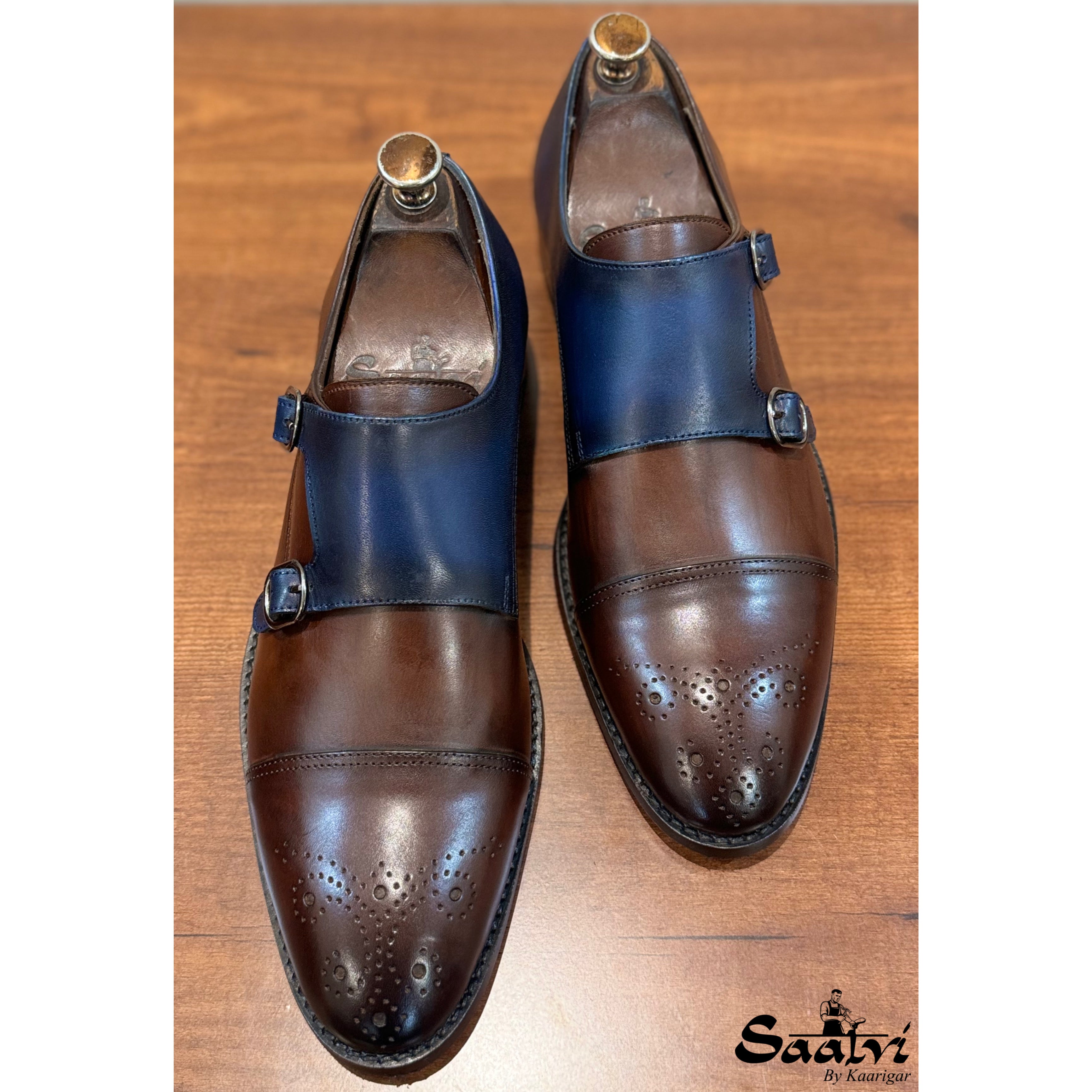 Brown Blue Double Monk Strap