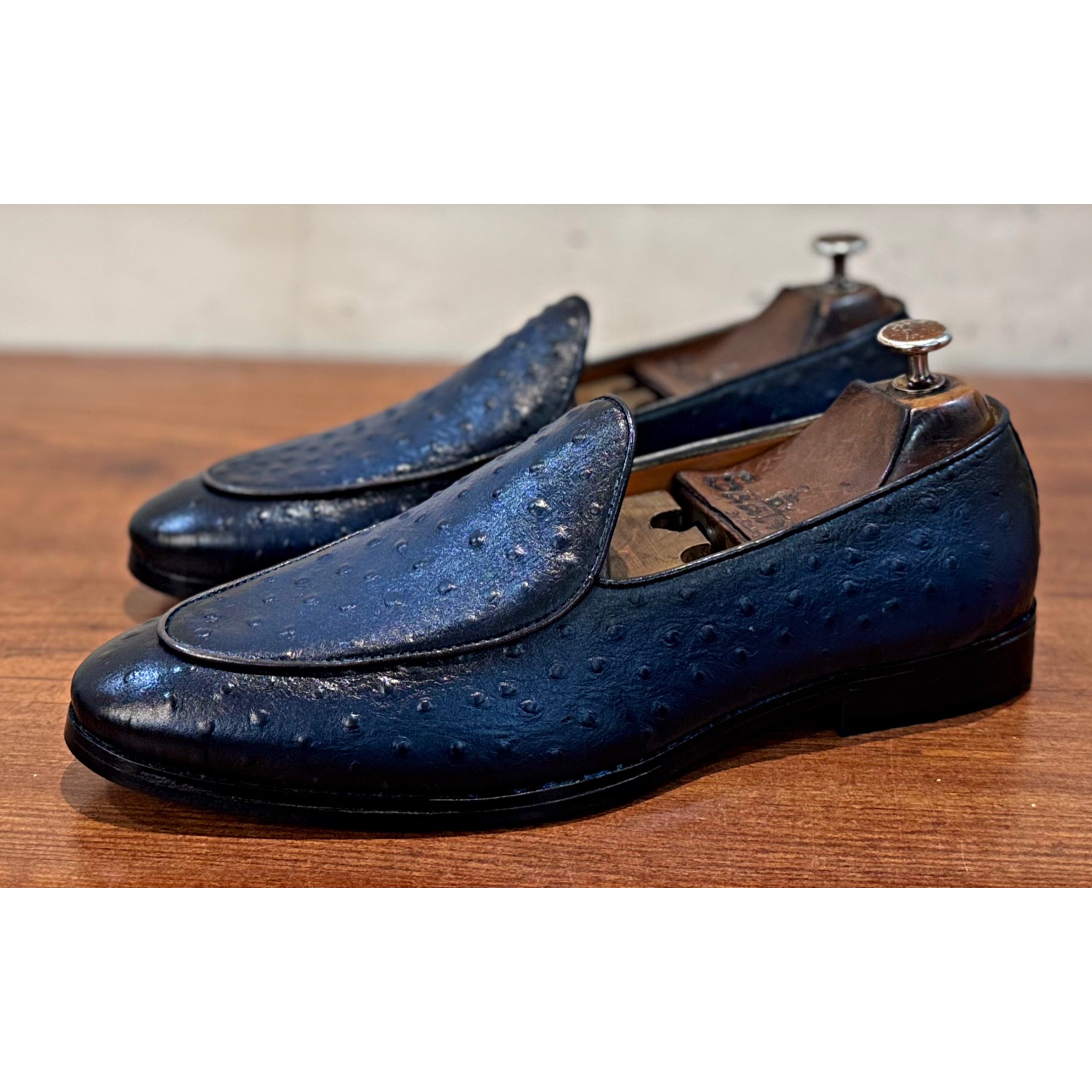 Belgian Loafers Ostrich Hand Patina Blue