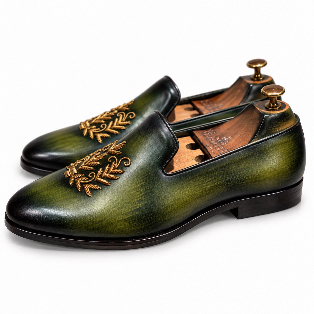 Saalvi Aurelian Forest Green Handcrafted Leather Zardosi Loafers