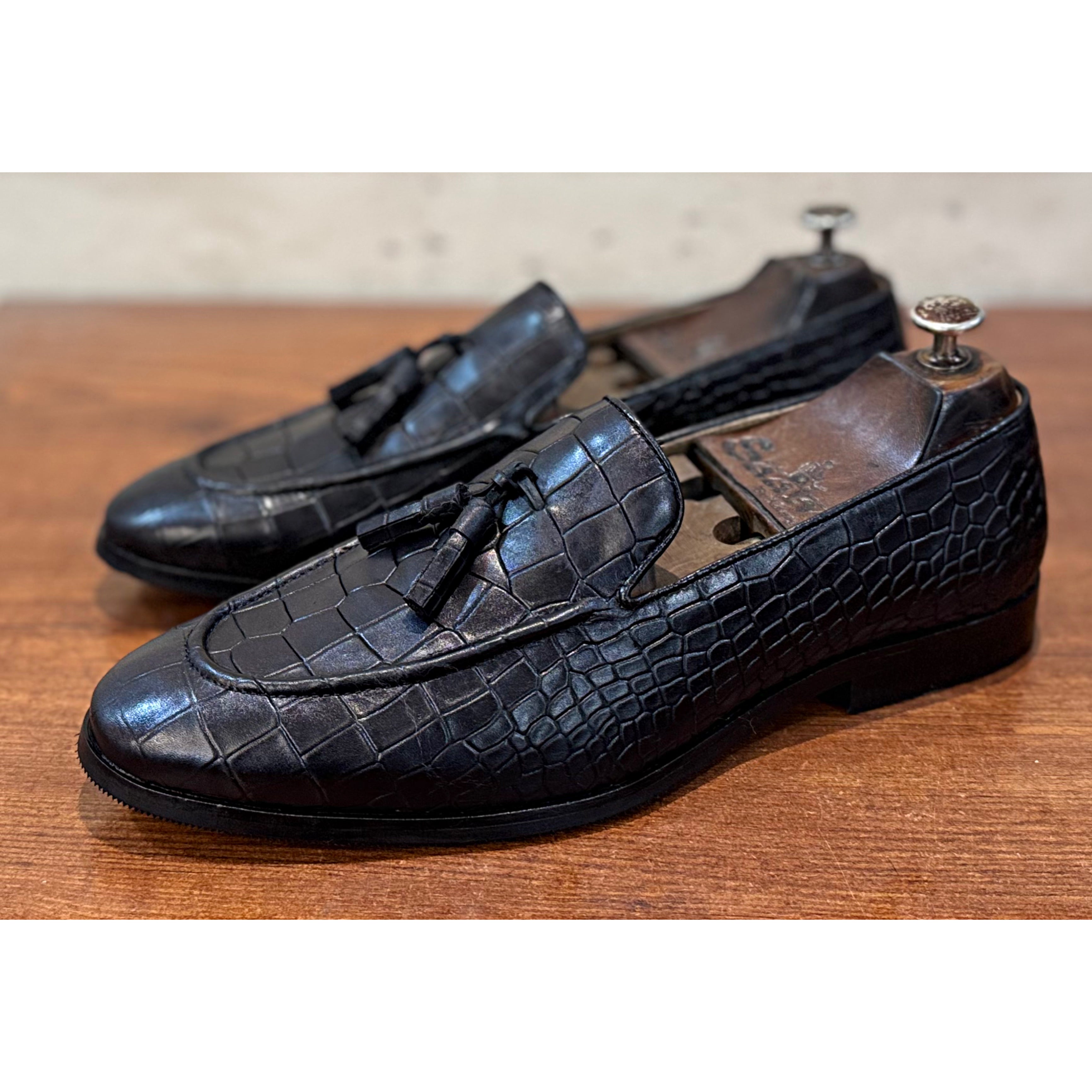 Black Crocodile Loafers With Tassels