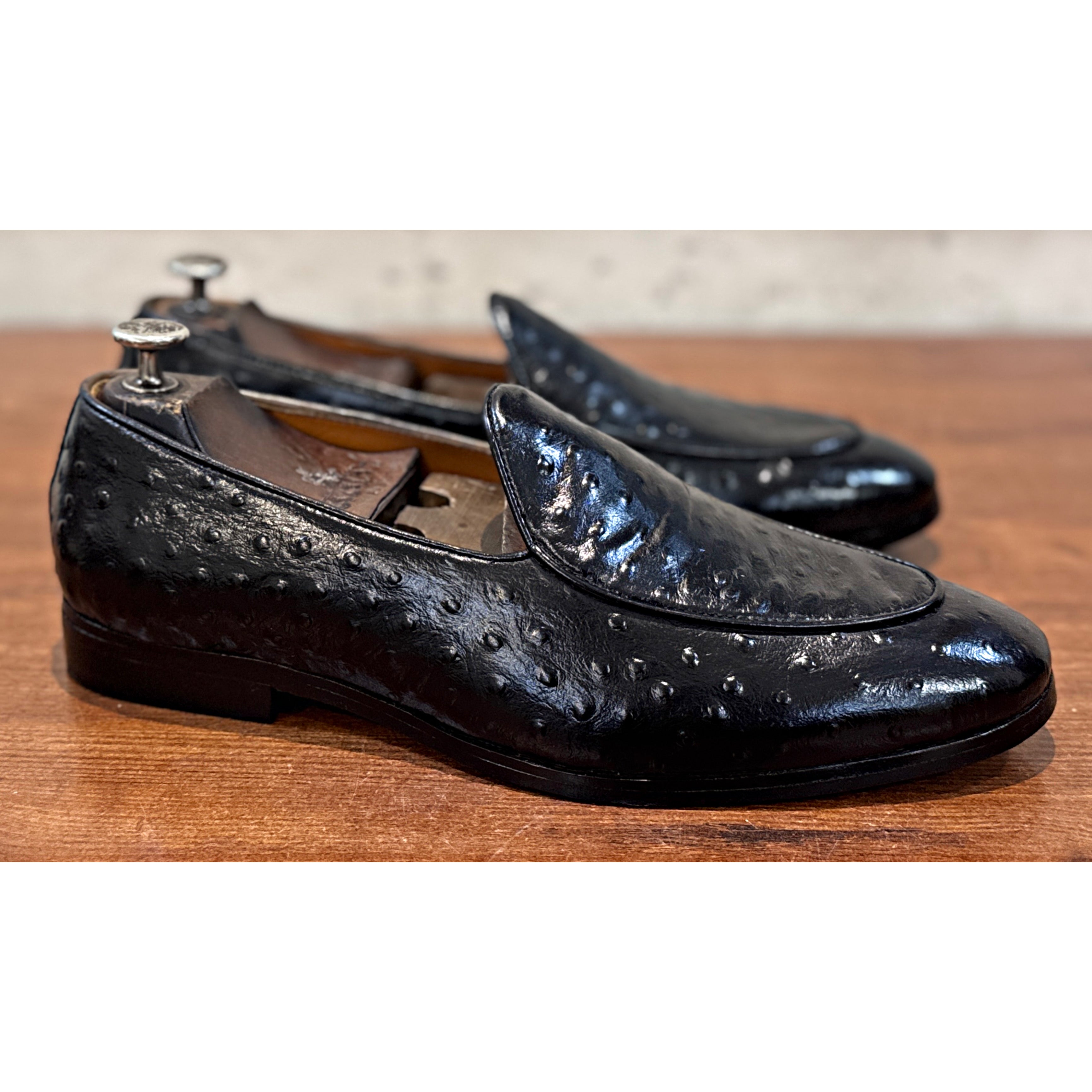 The Nero Ostrich Slipper – Black Exotic Leather Loafers