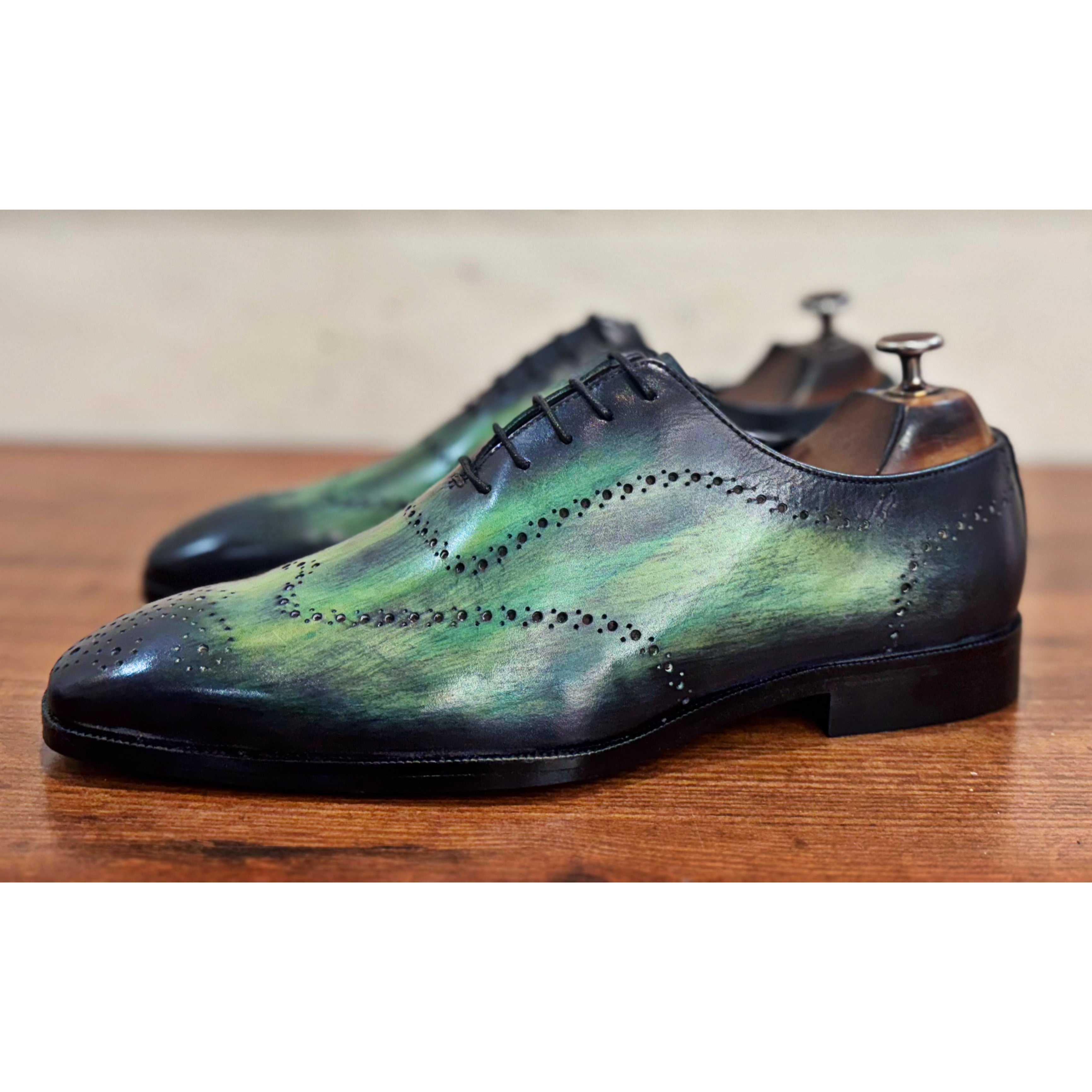 Green Wholecut Laceups Hand Patina