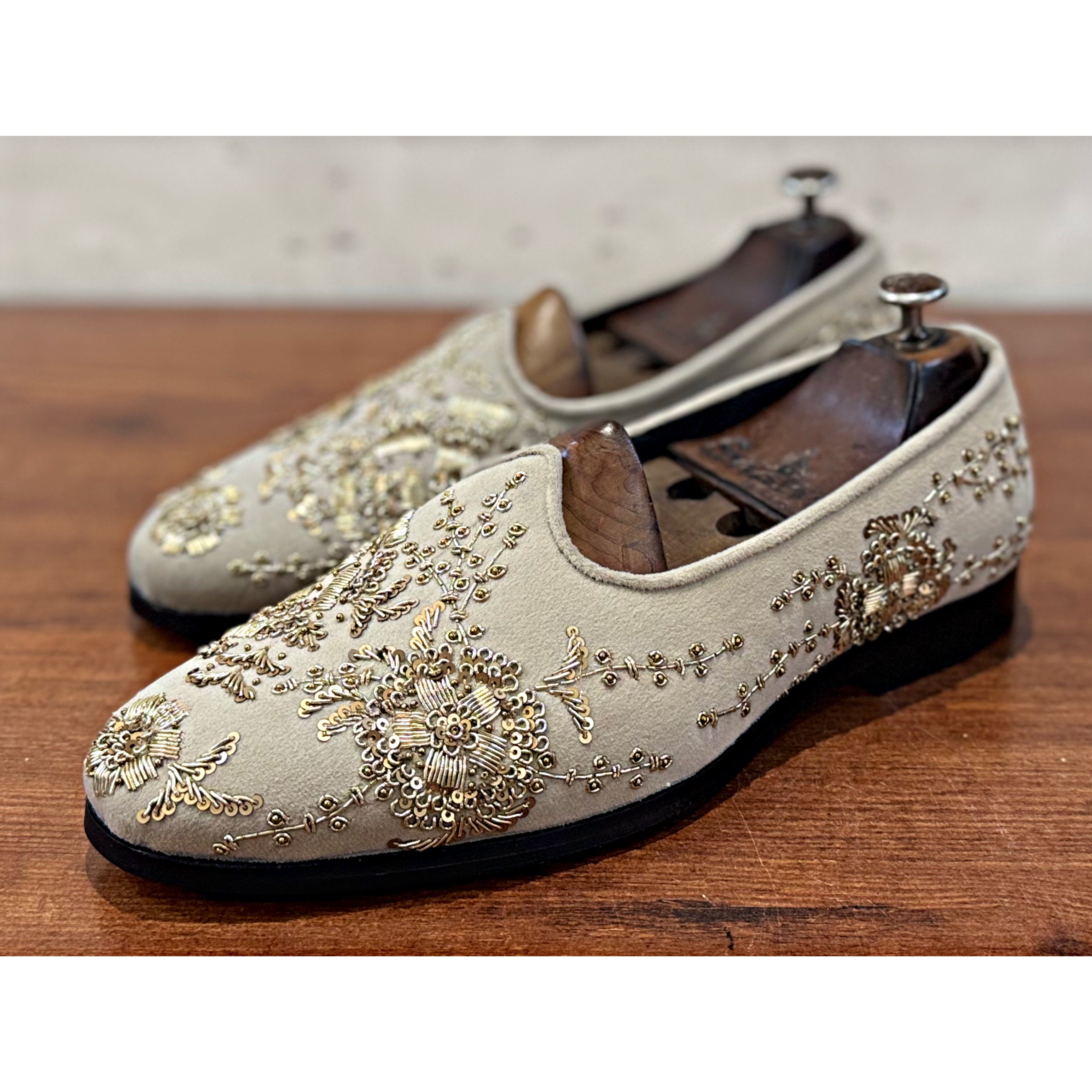 Cream Velvet Gold Zardosi Embroidery