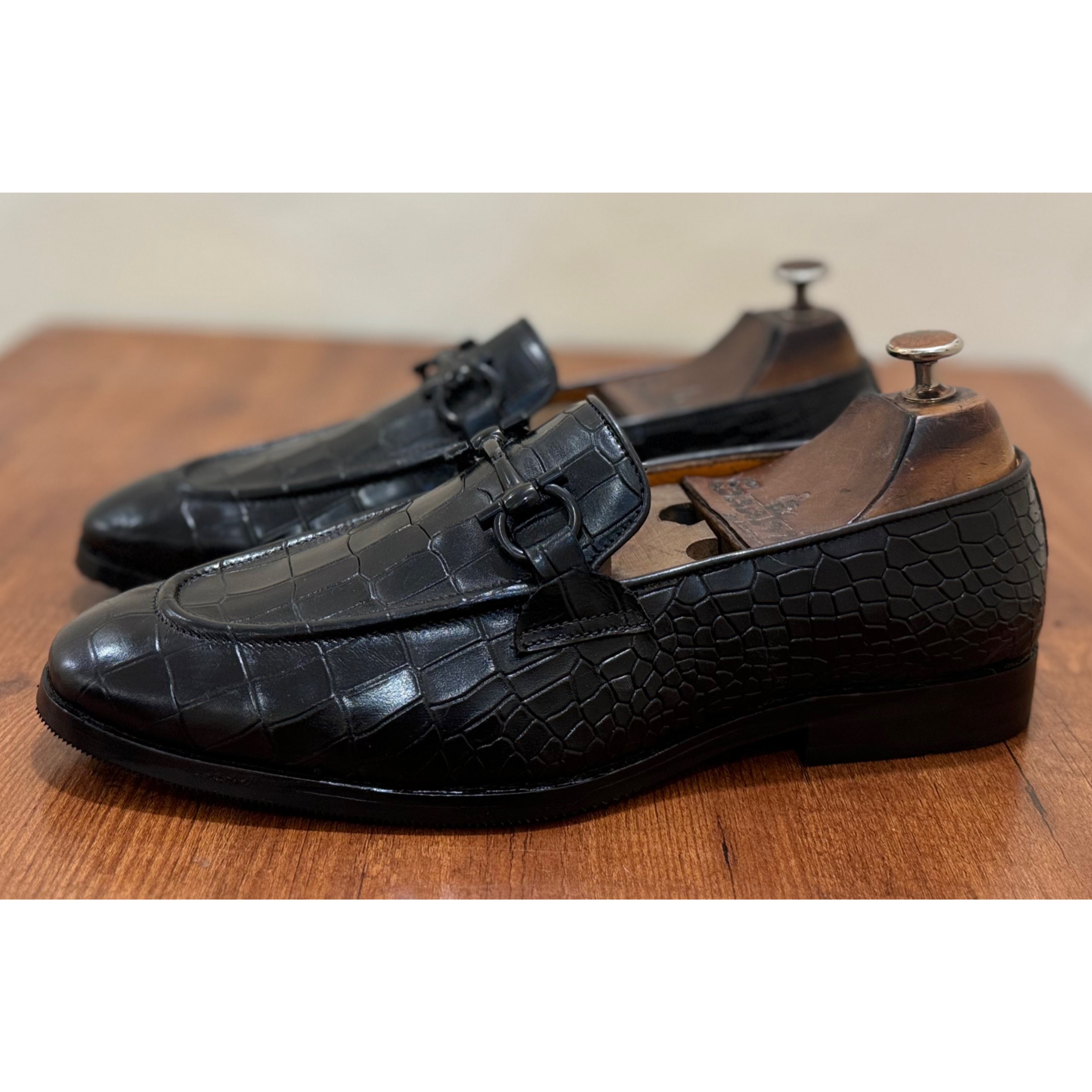 Black Crocodile Loafers With Black Metal Trim