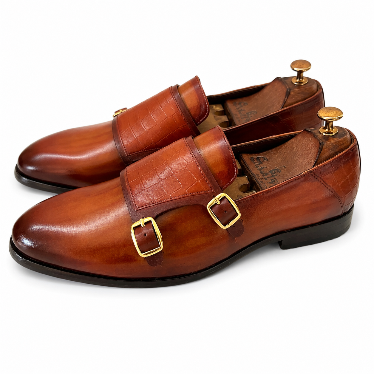 Cognac Croc Prestige Double Monk Strap Loafers – Luxury Leather Shoes