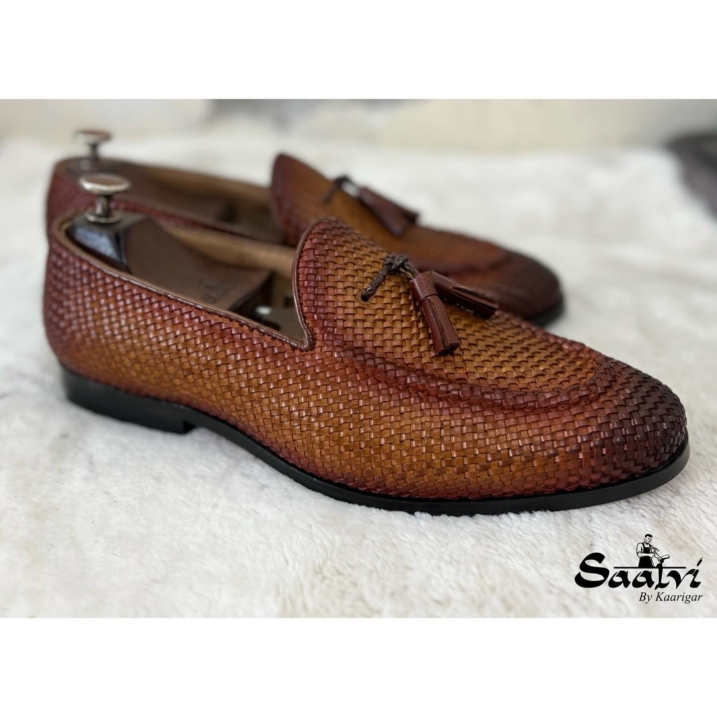 Tan Hand Woven Loafers With Tassels