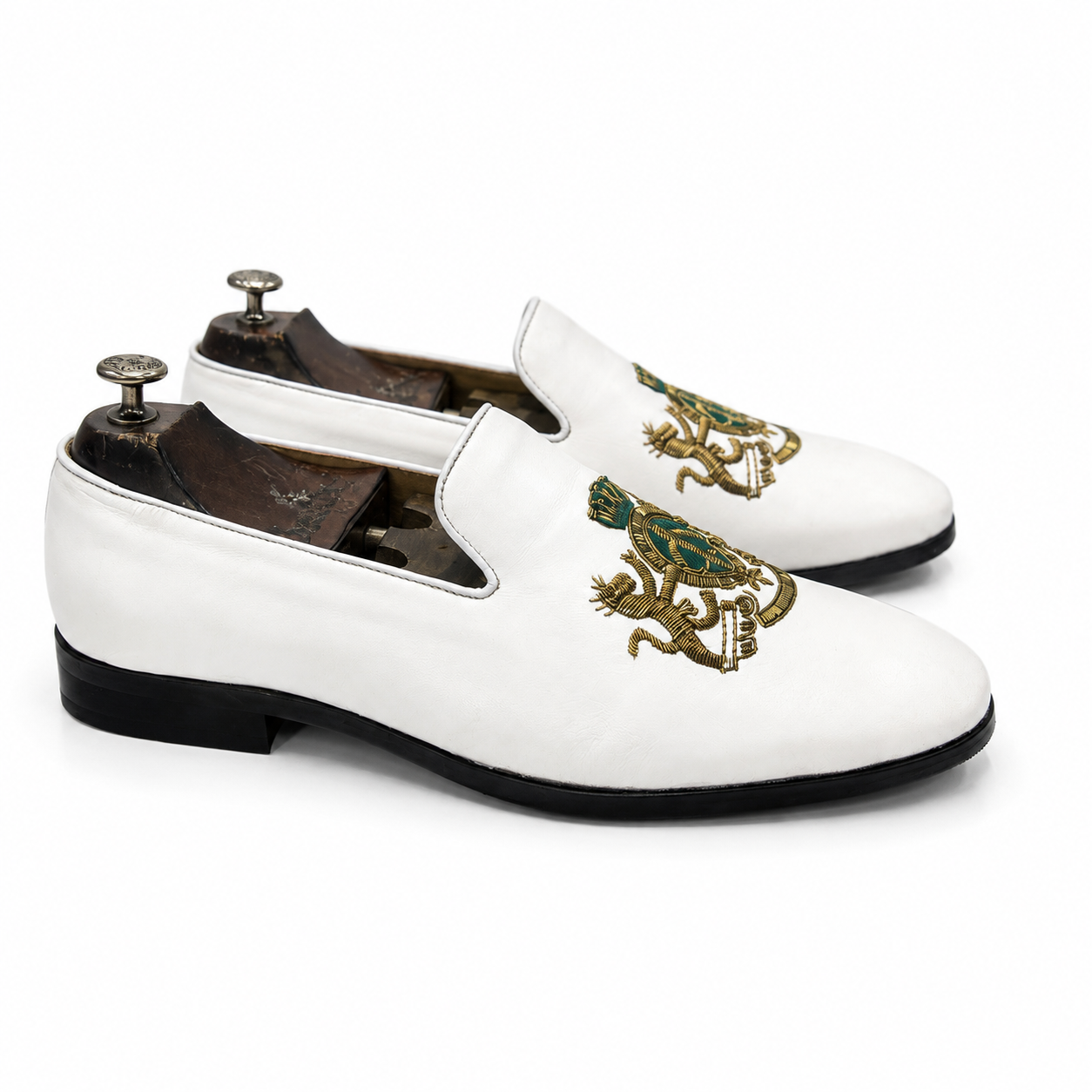 Royal White Green & Gold Hand-Embroidered Leather Slipons