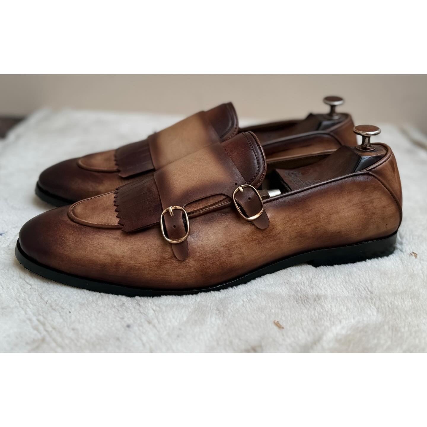 Double Monk Strap Loafers Hand Patina