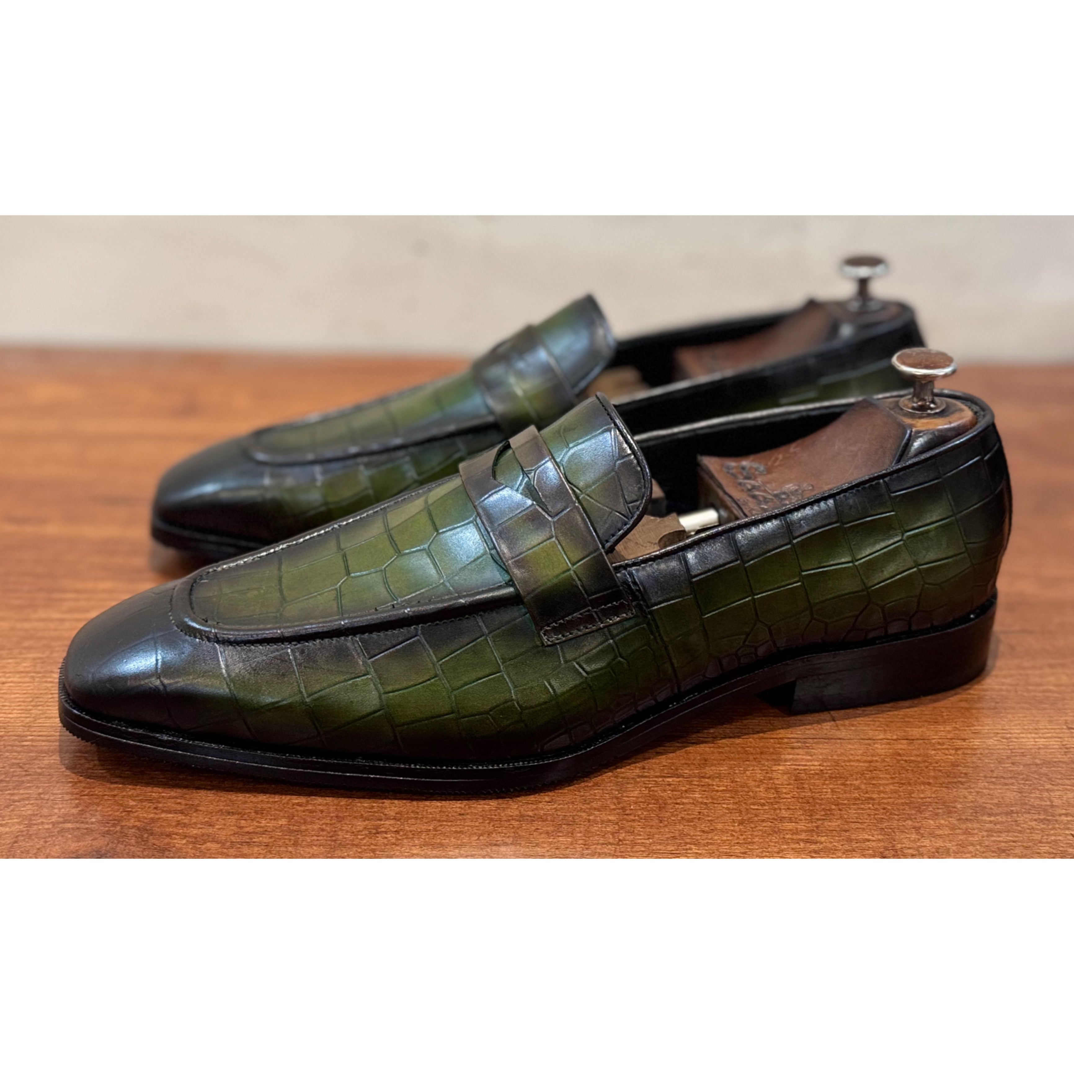 Green Hand Patina Penny Loafers