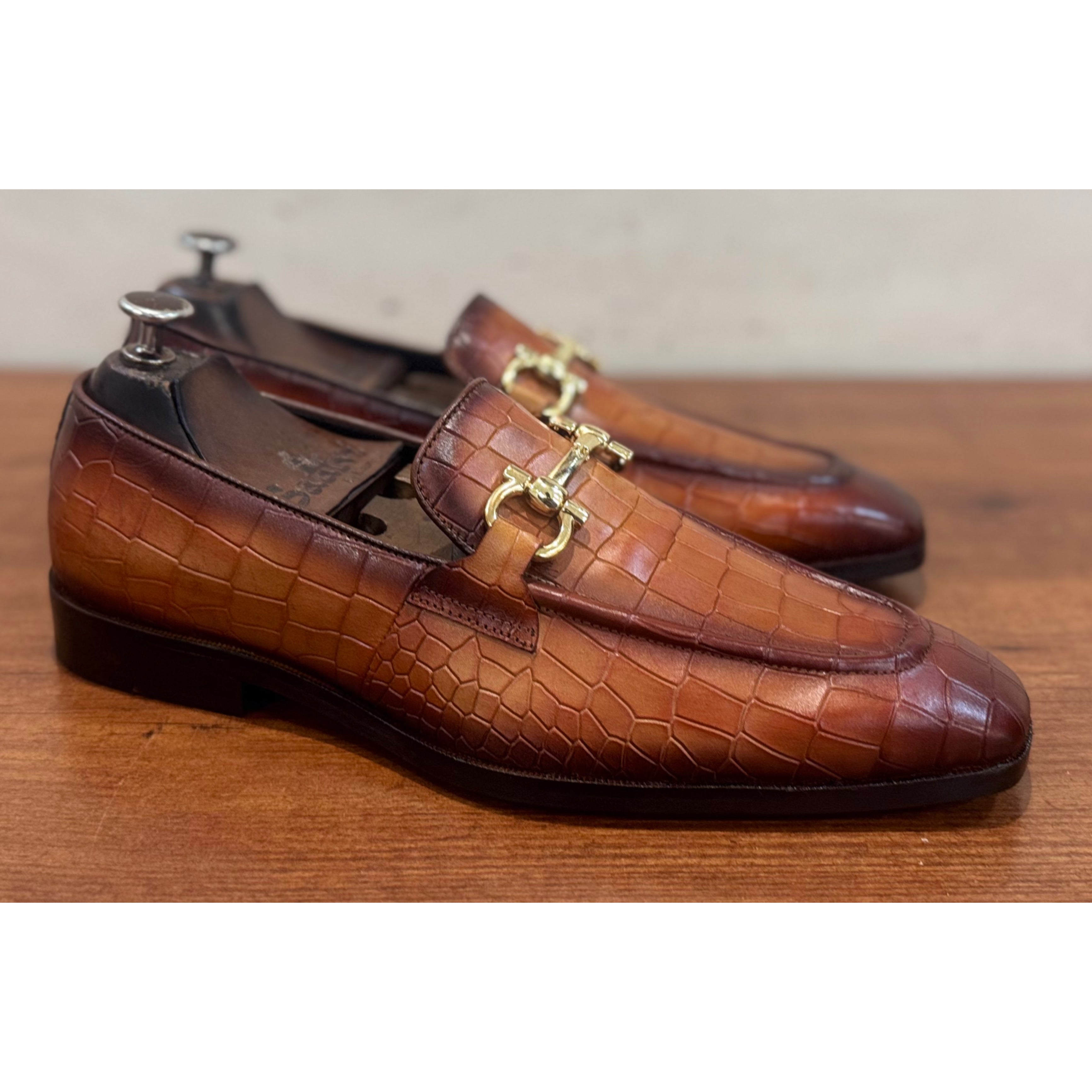 Tan Croco Loafers Horsebit Hand Finished