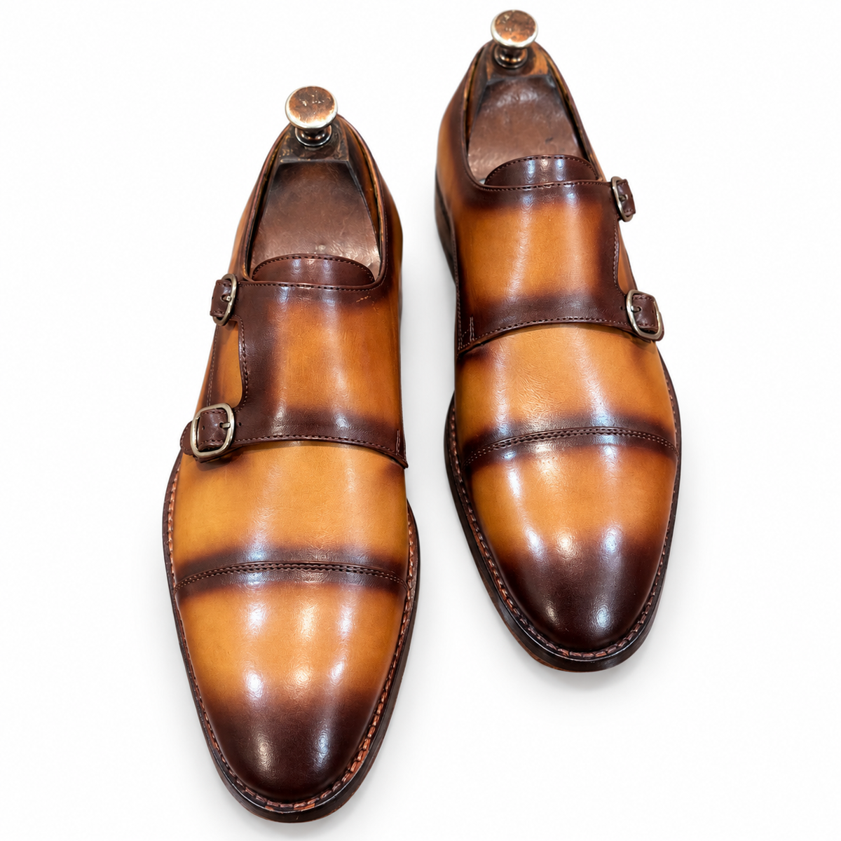 Tan Royale Hand-Patina Double Monk Strap Shoes