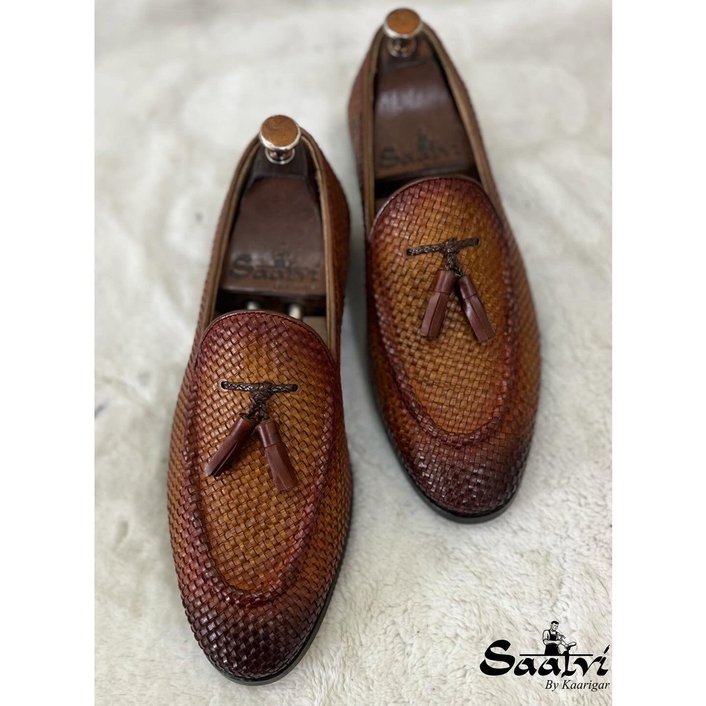 Tan Hand Woven Loafers With Tassels