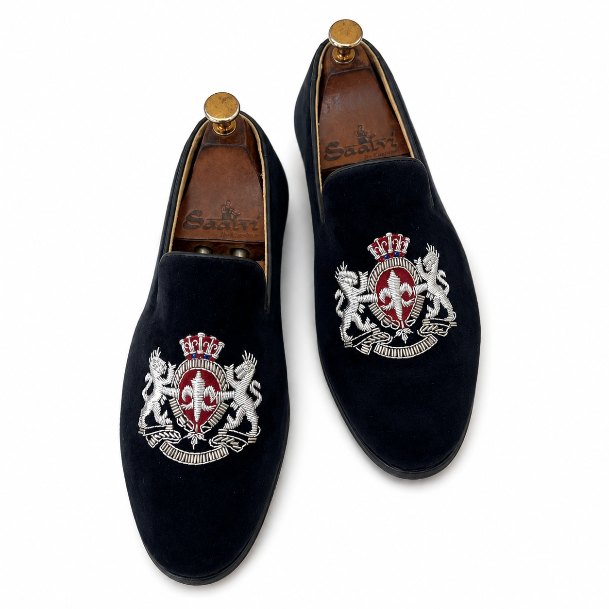 Noir Imperial Lion Crest Velvet Slip-Ons