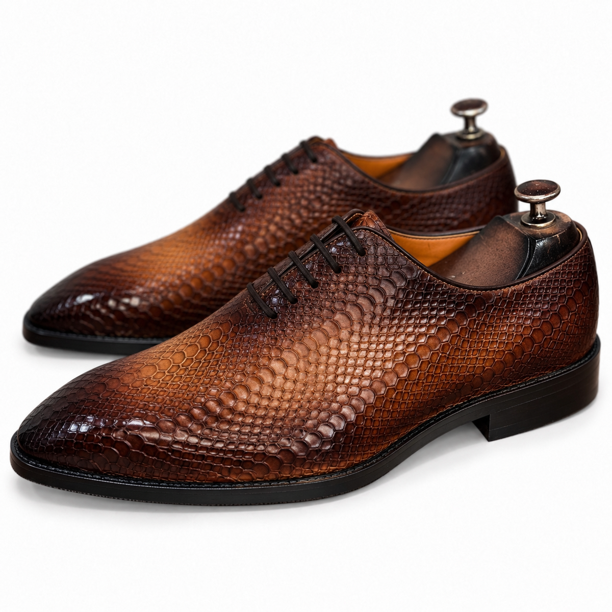 Cognac Reptile-Embossed Oxford Shoes