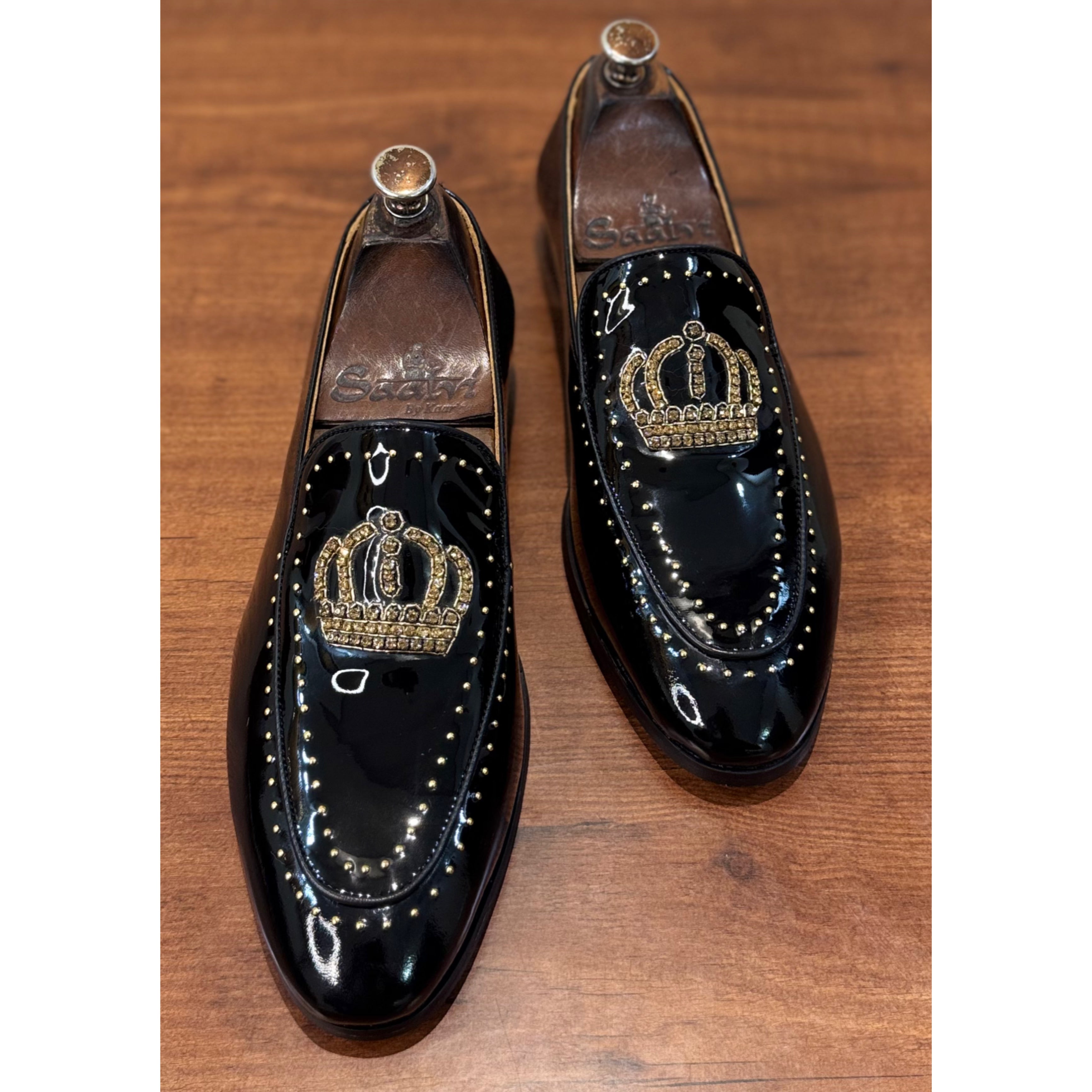Black Patent Crown Zardosi Slip-Ons