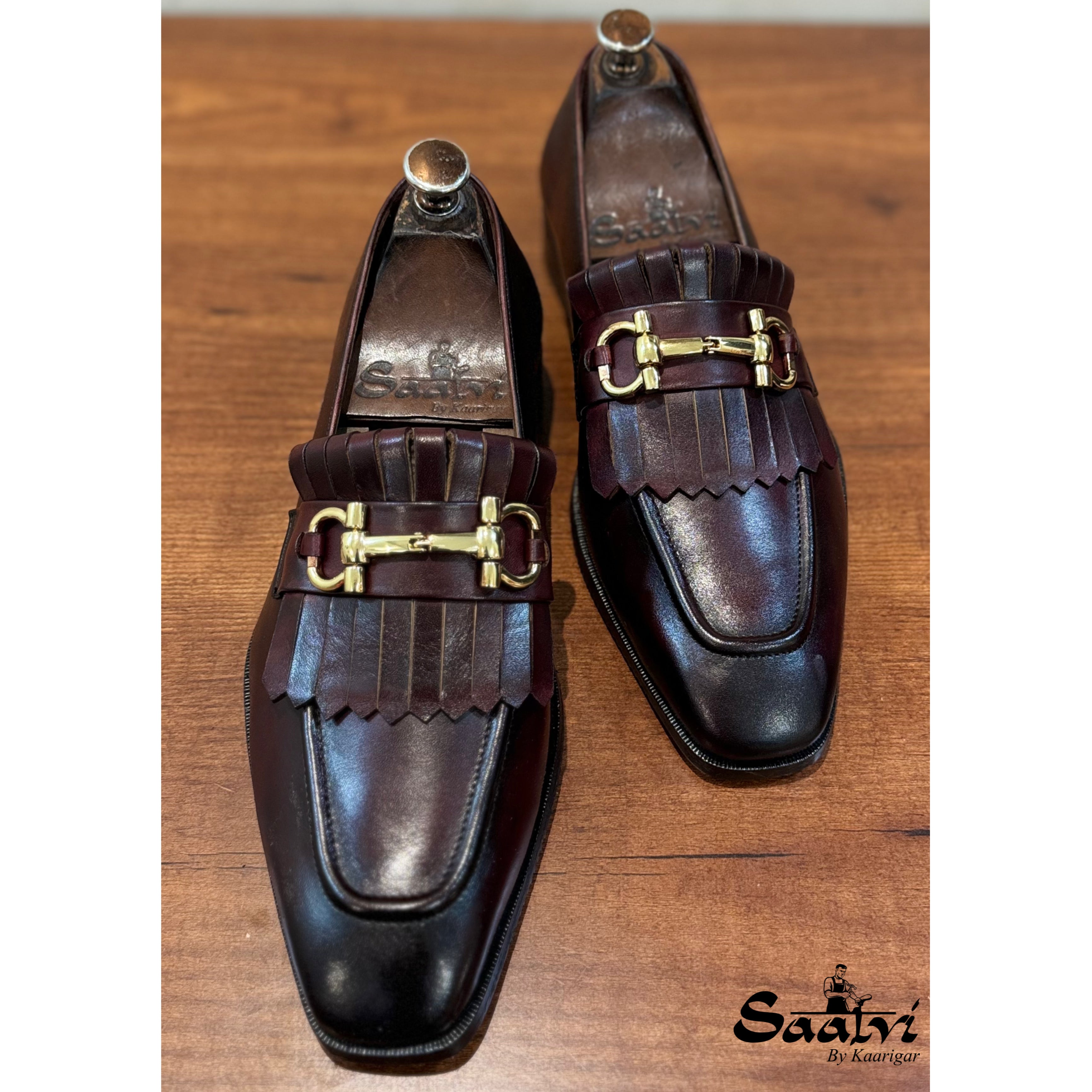 Brown Fringe Loafers With Metal Trim