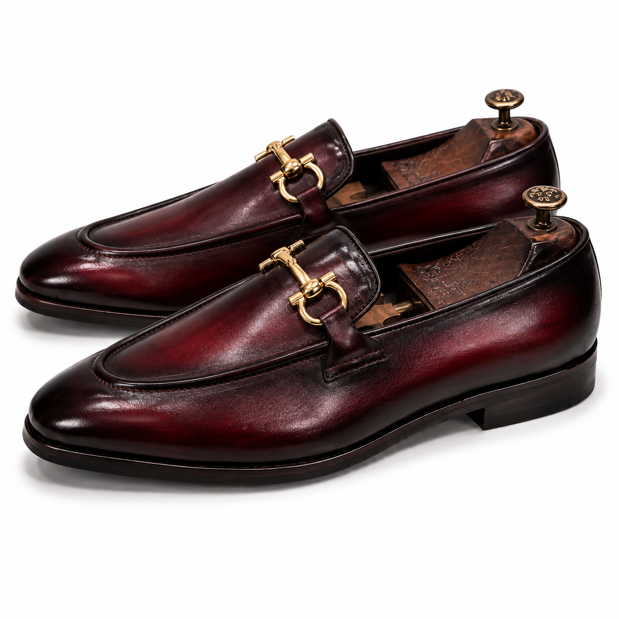 Bordeaux Gold Horsebit Leather Loafers
