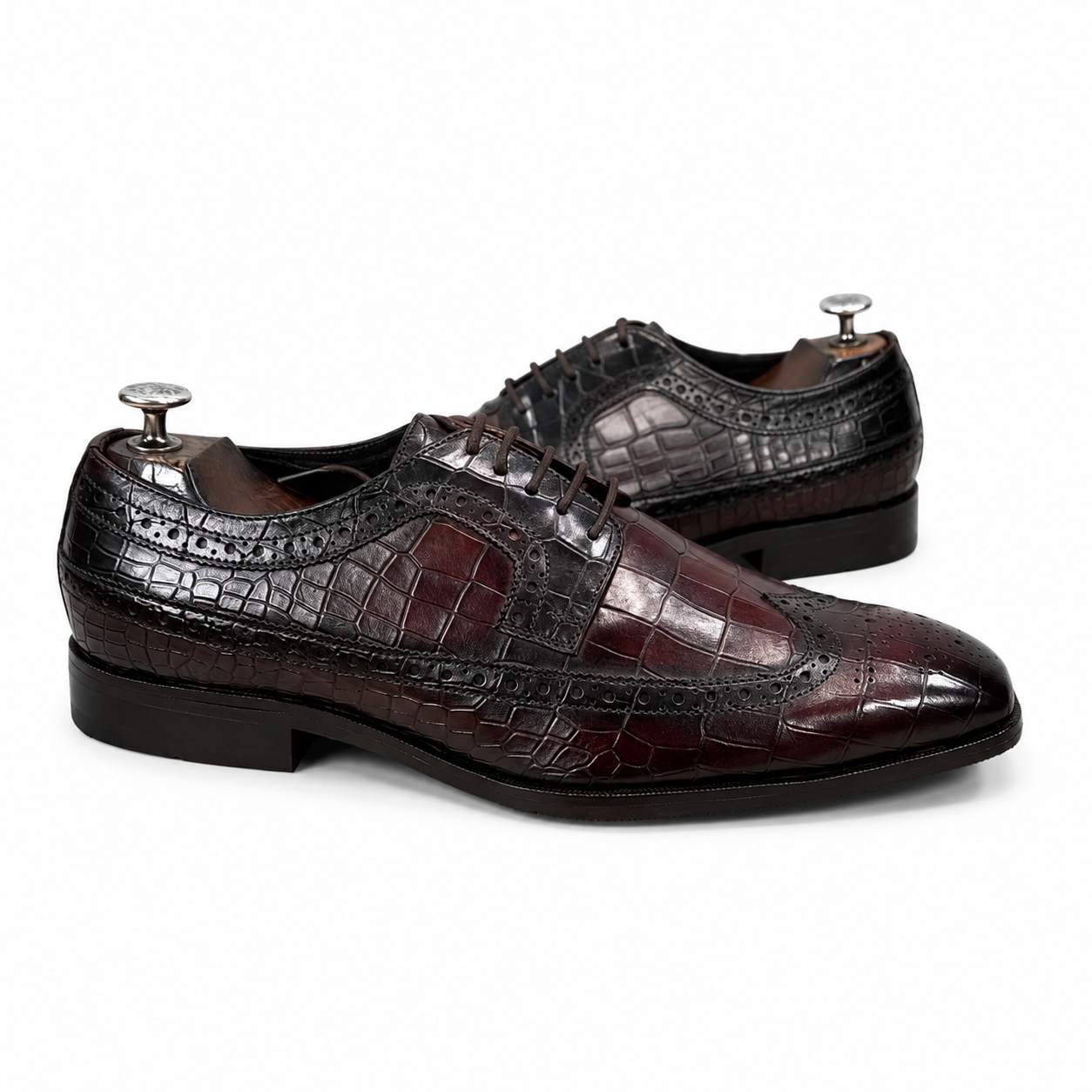 Royal Burgundy & Black Croc-Embossed Wingtip Brogue Shoes