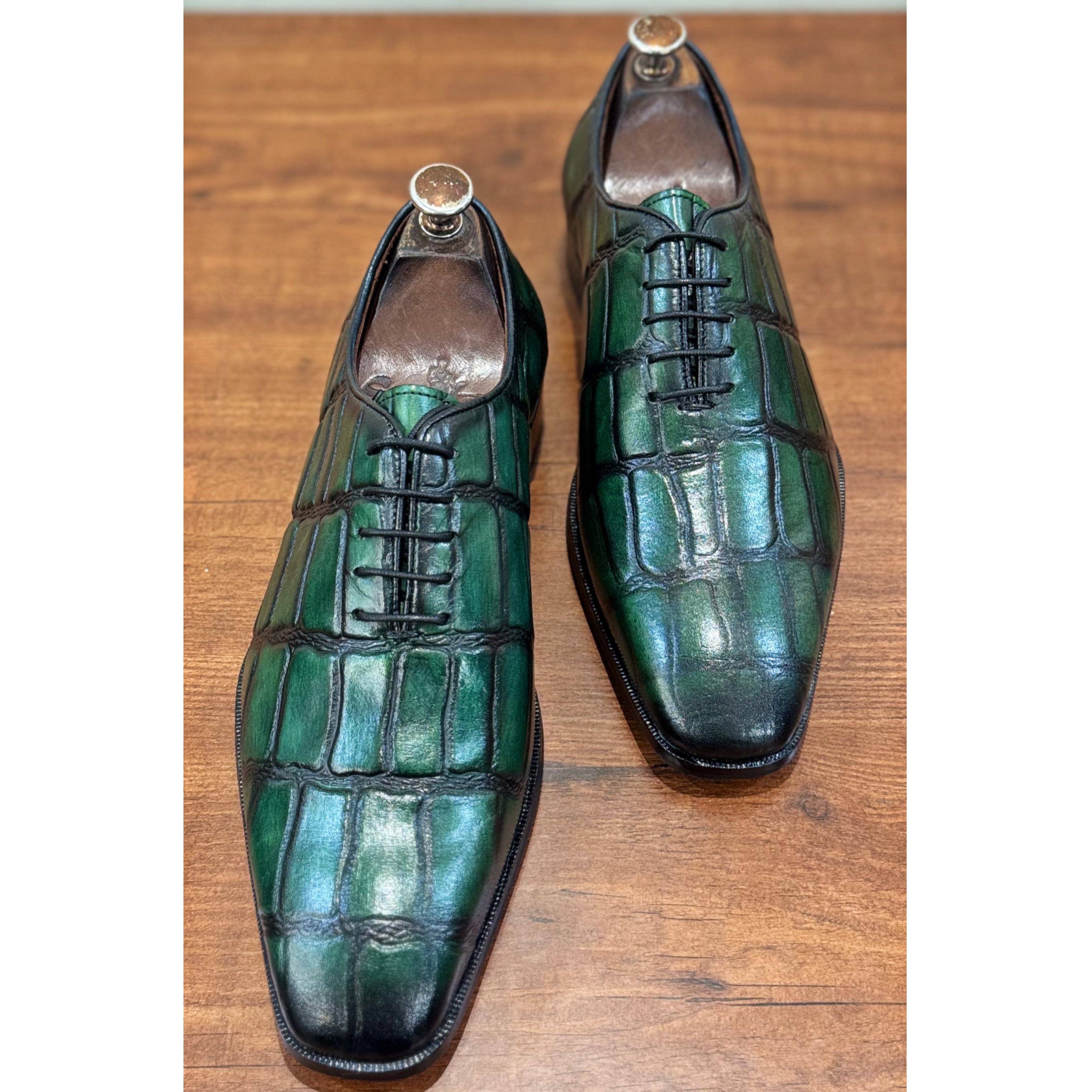 Green Croco Oxfords