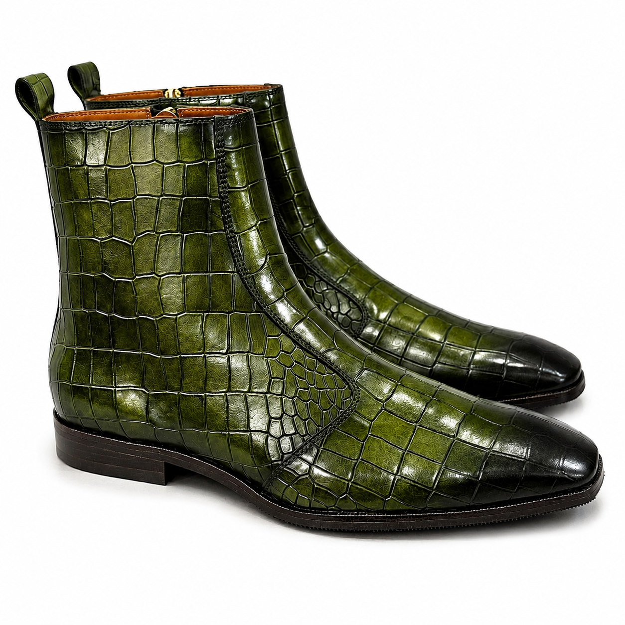 Olive Croco Embossed Leather Ankle Boots