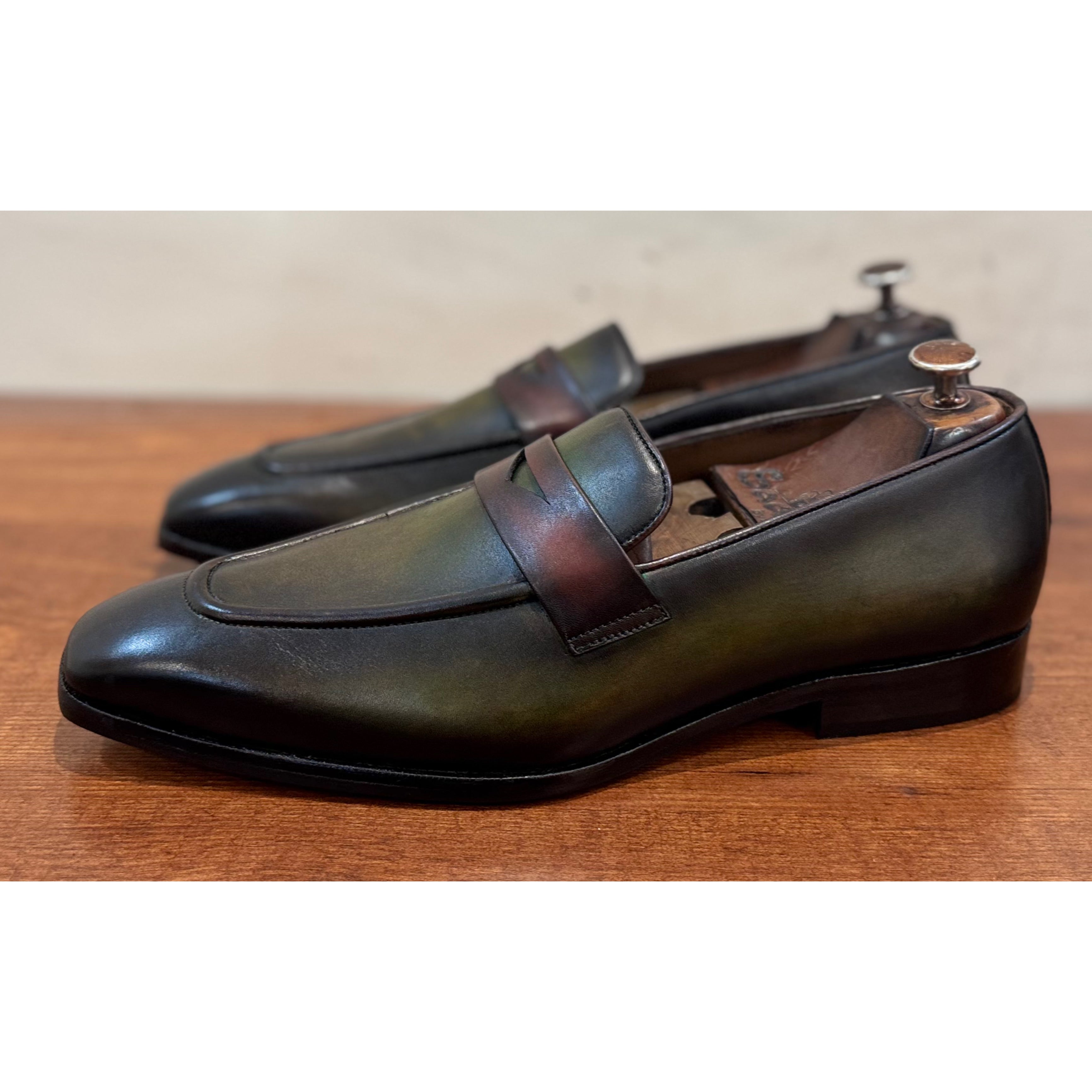 Green Hand Patina Penny Loafers