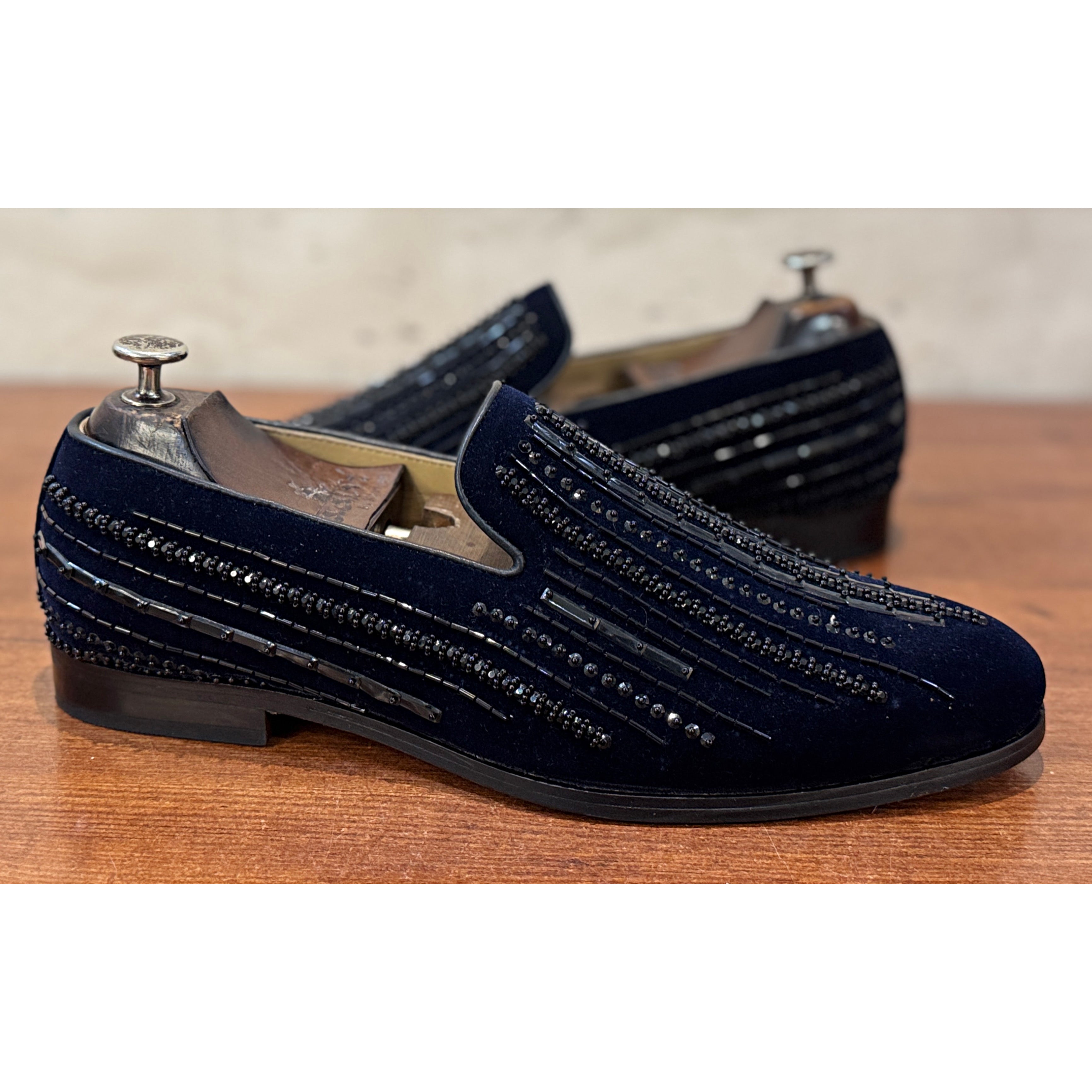 Barone Coal Navy Embroidered Velvet Loafers