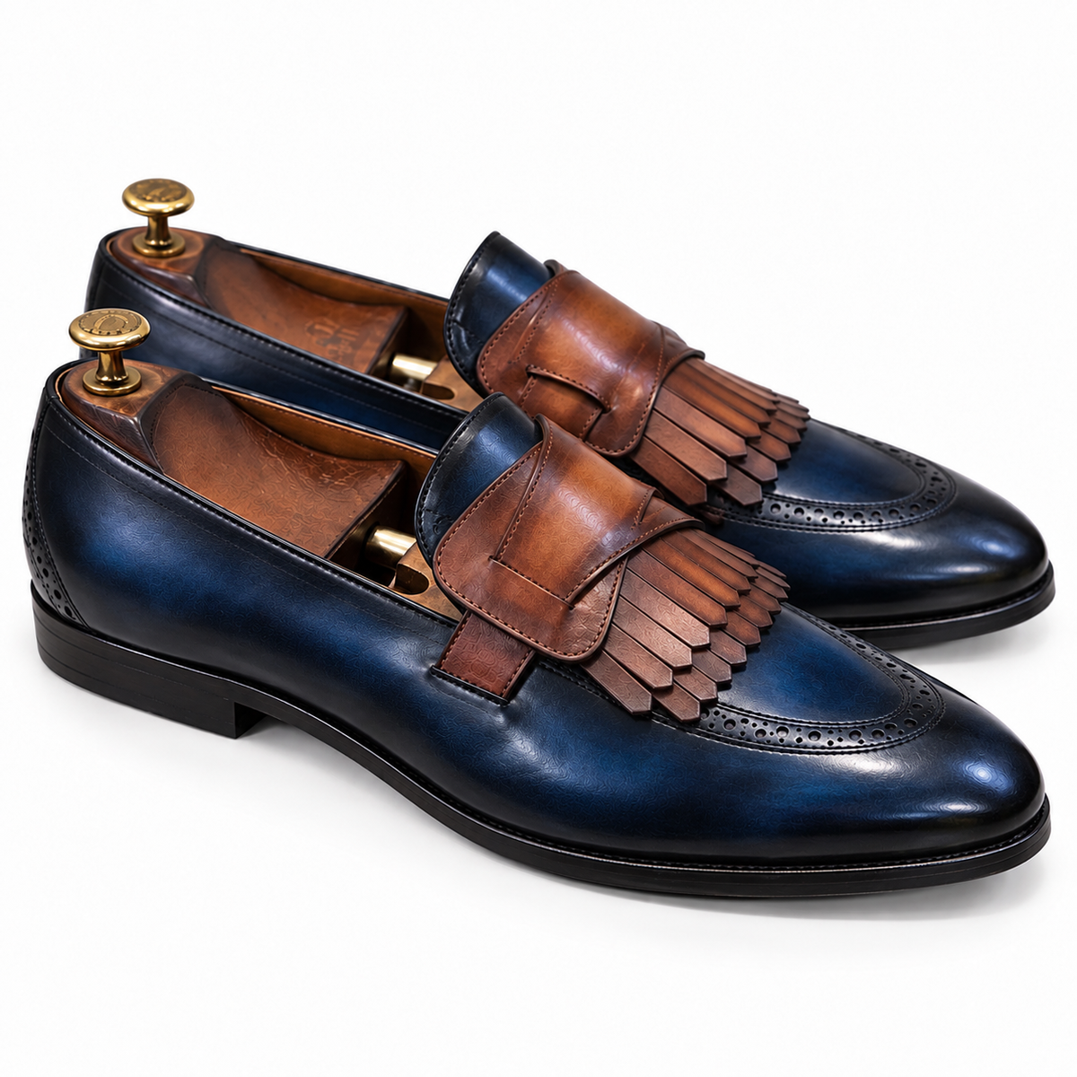 Navy Cognac Kiltie Leather Loafers