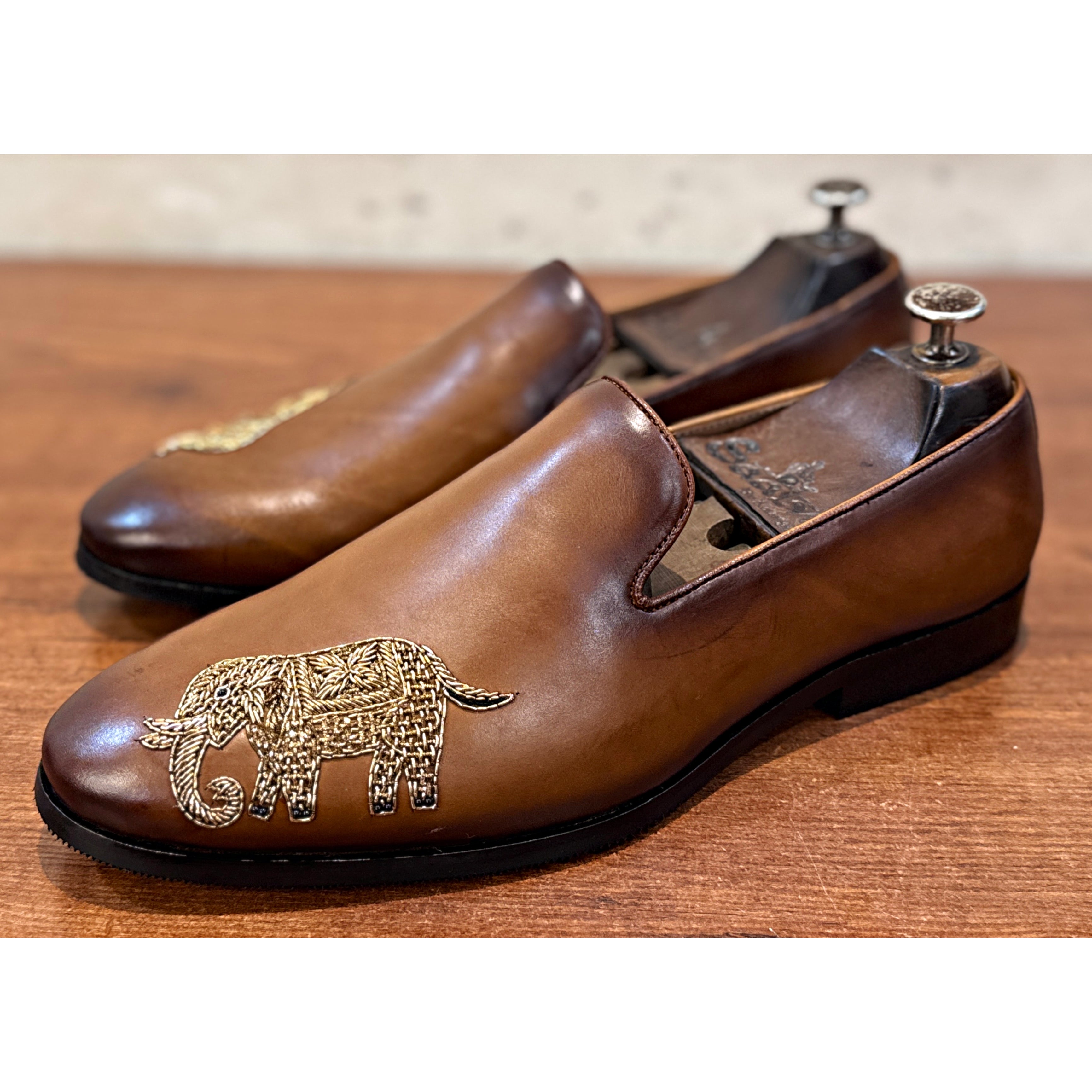 Royal Tusker Embroidered Leather Loafers