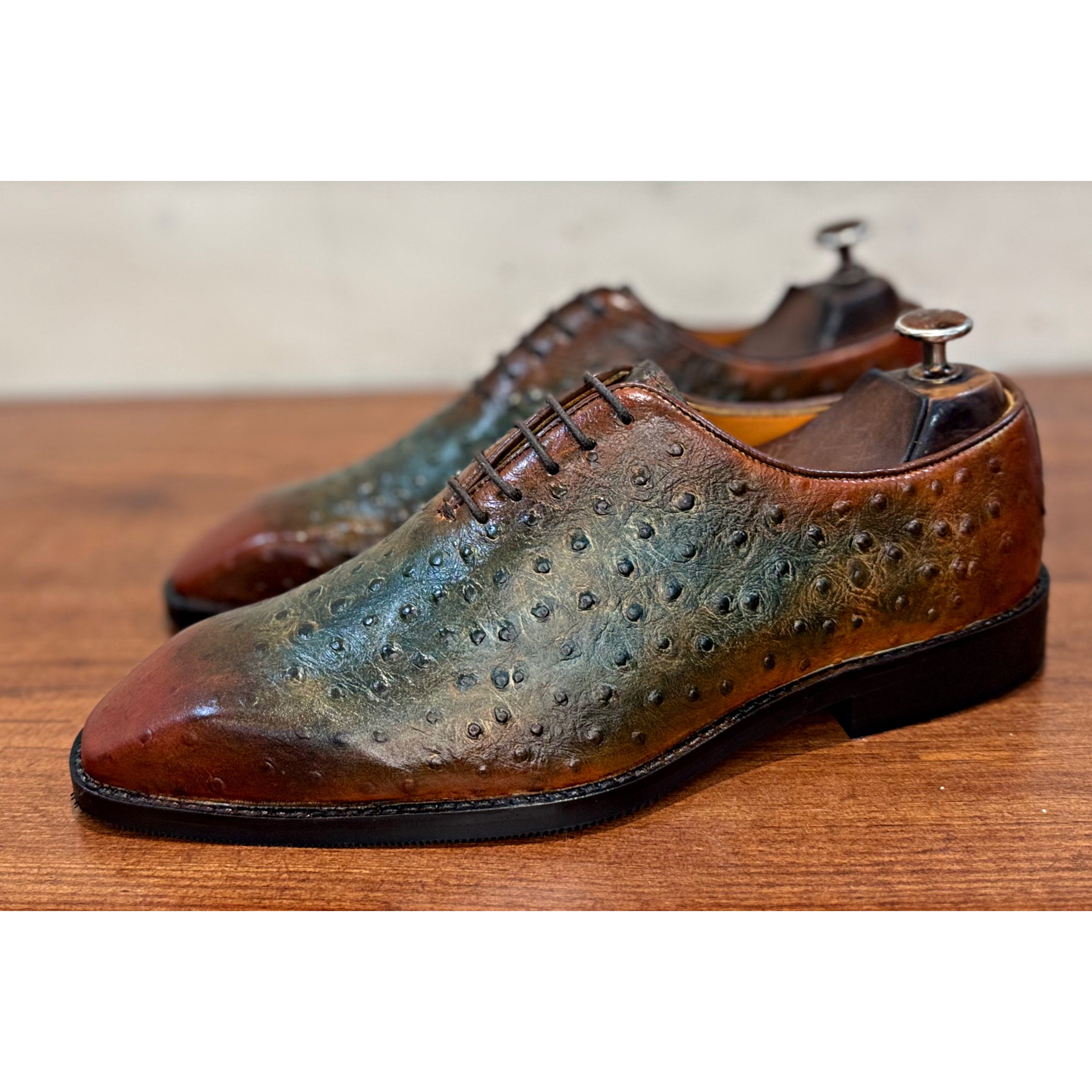Ostrich Wholecut Oxfords Green Tan
