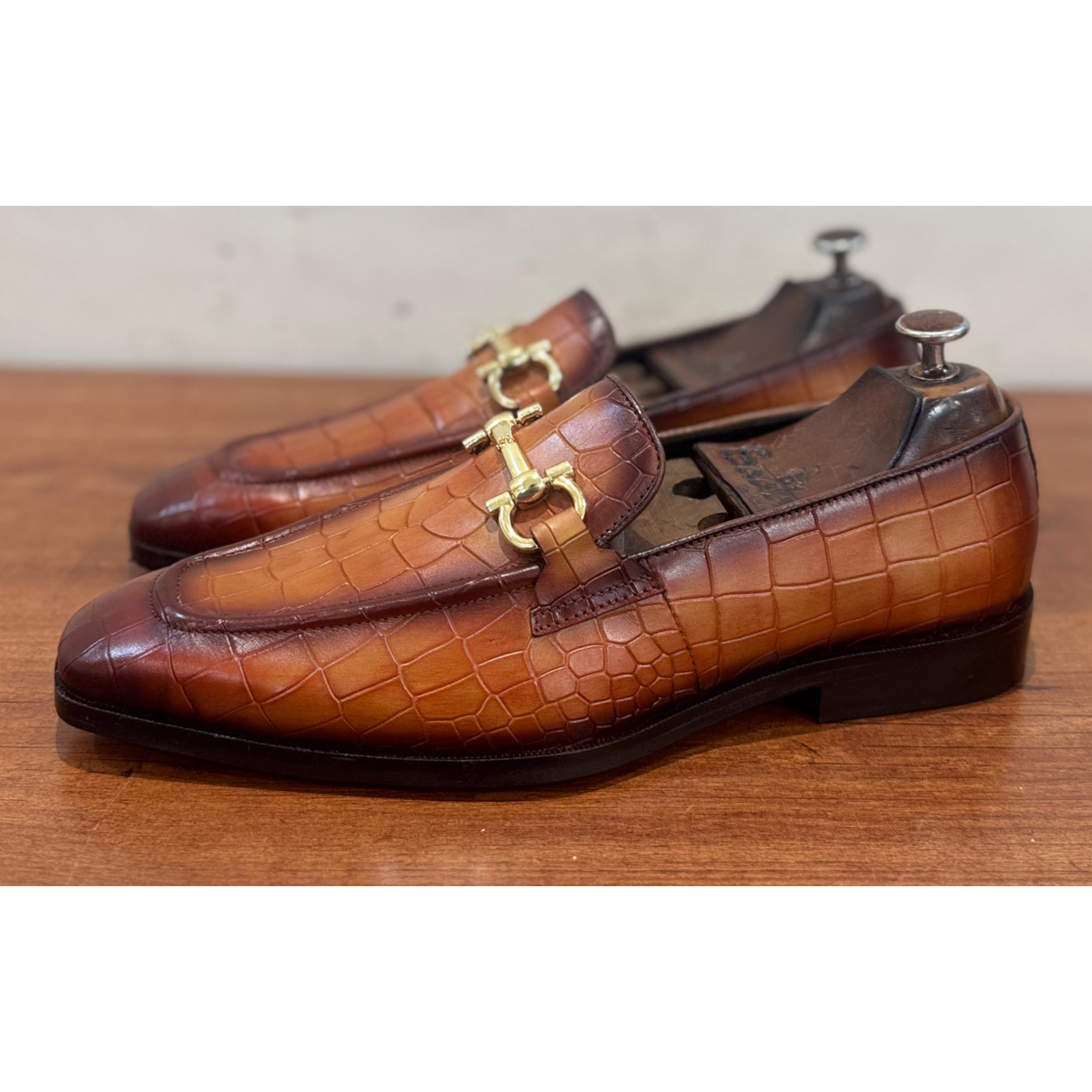 Tan Croco Loafers Horsebit Hand Finished
