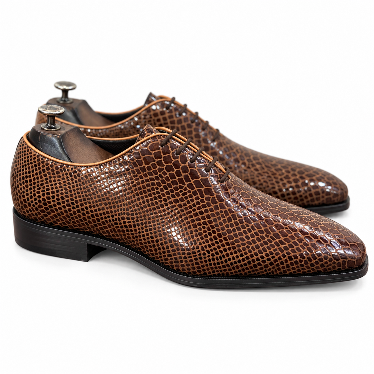Cognac Snake Foil Leather Oxfords