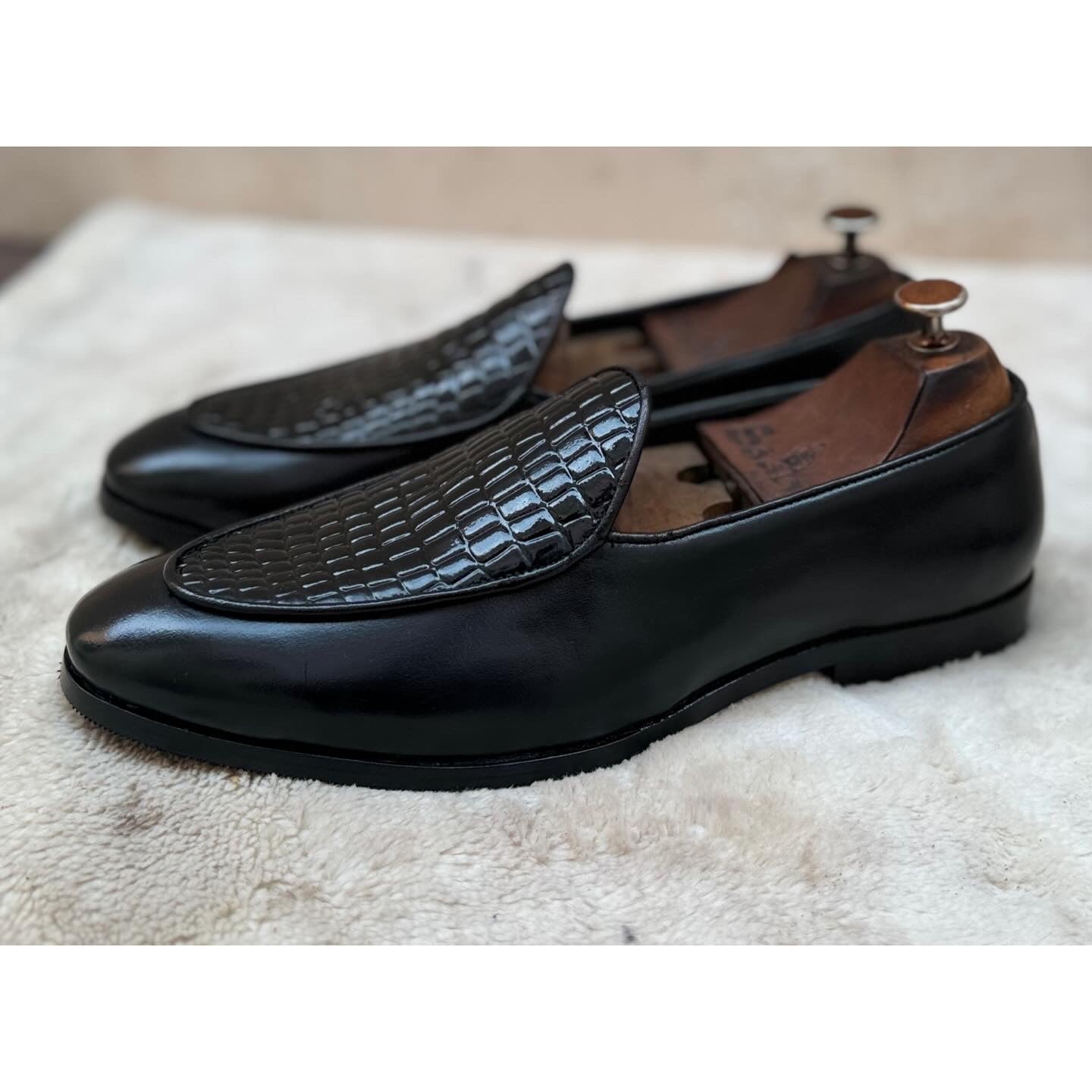 Midnight Croc Belgian Loafers – Luxury Black Embossed Slip-Ons