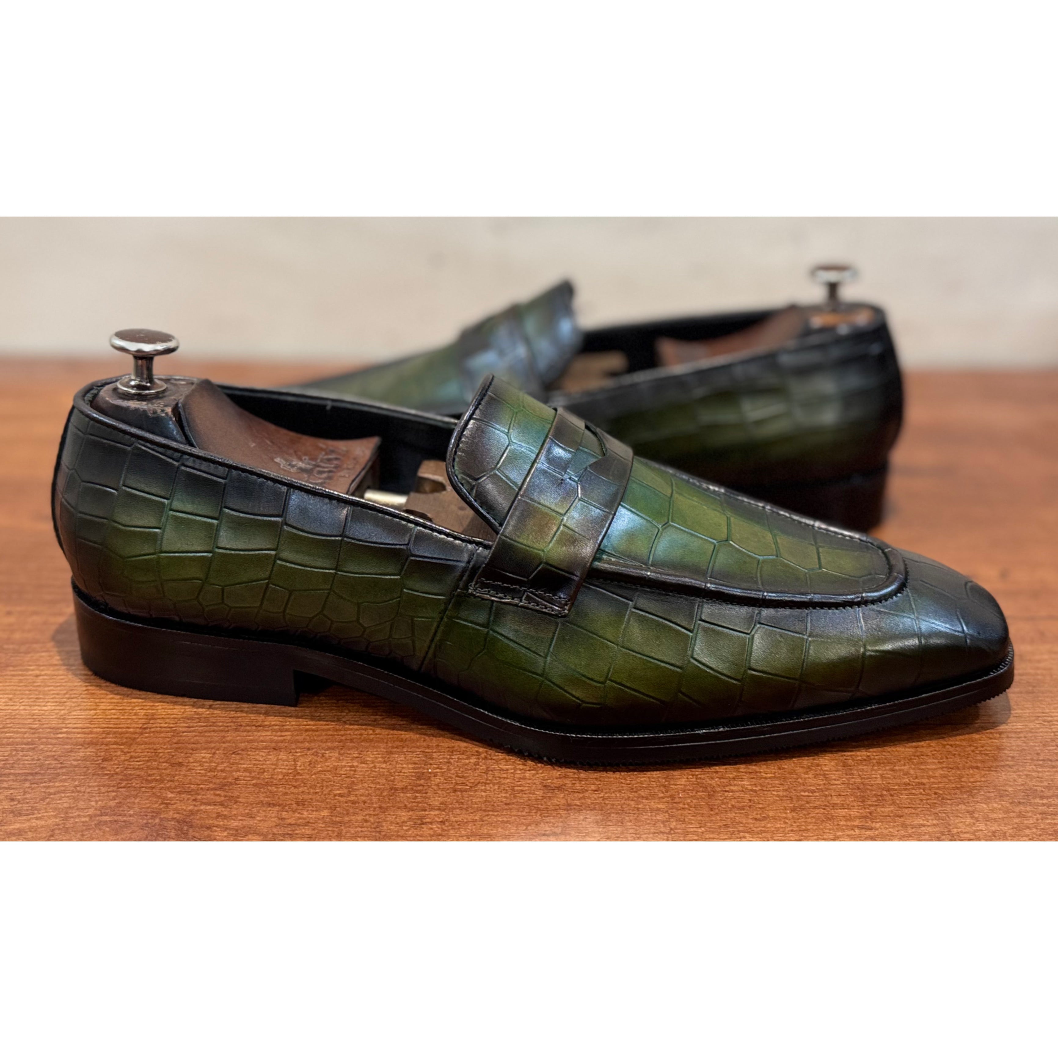 Green Hand Patina Penny Loafers
