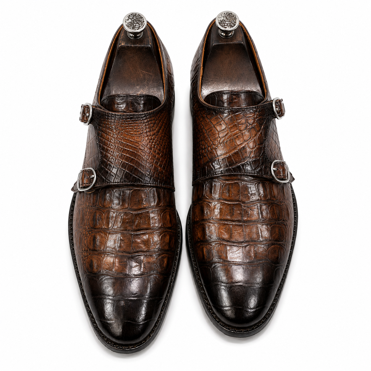 Chestnut Embossed Leather Double Monk Strap Shoes
