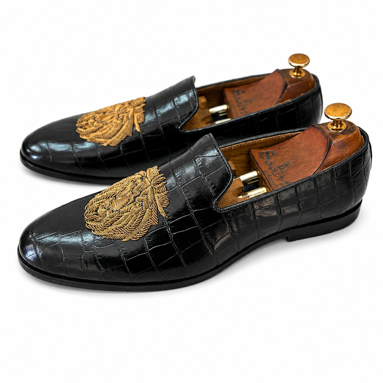 Black Croco Lion Zardosi Slipons