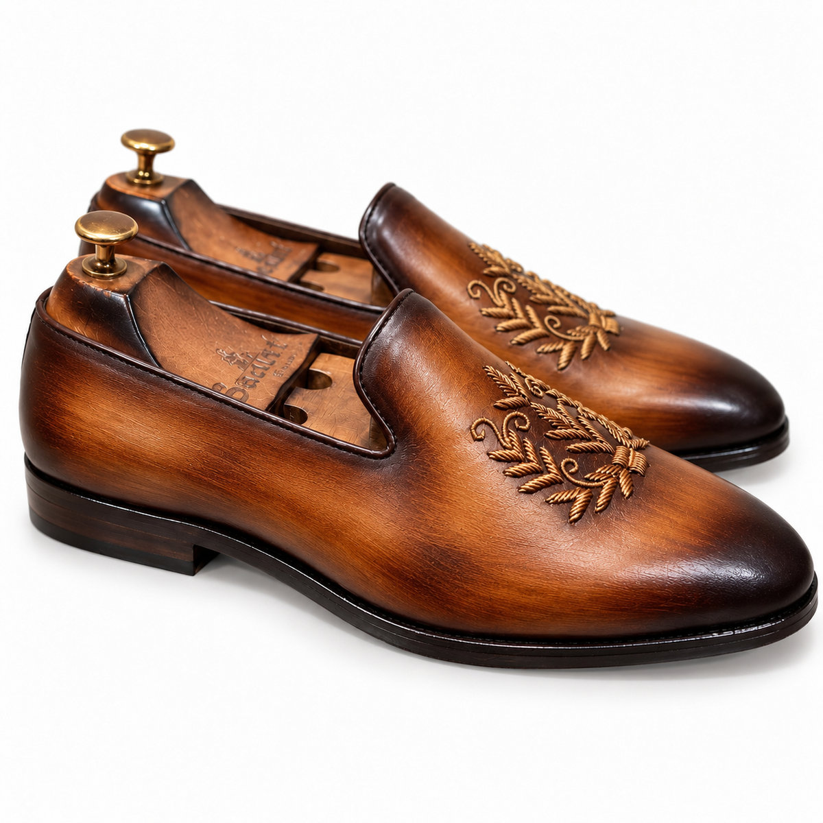 Saalvi Aurelian Cognac Brown Handcrafted Leather Zardosi Loafers