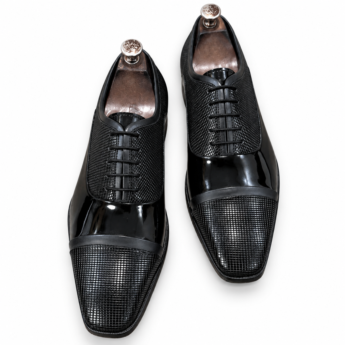 Black Patent Leather Cap-Toe Oxford Shoes – Luxury Textured Formal Dress Shoes