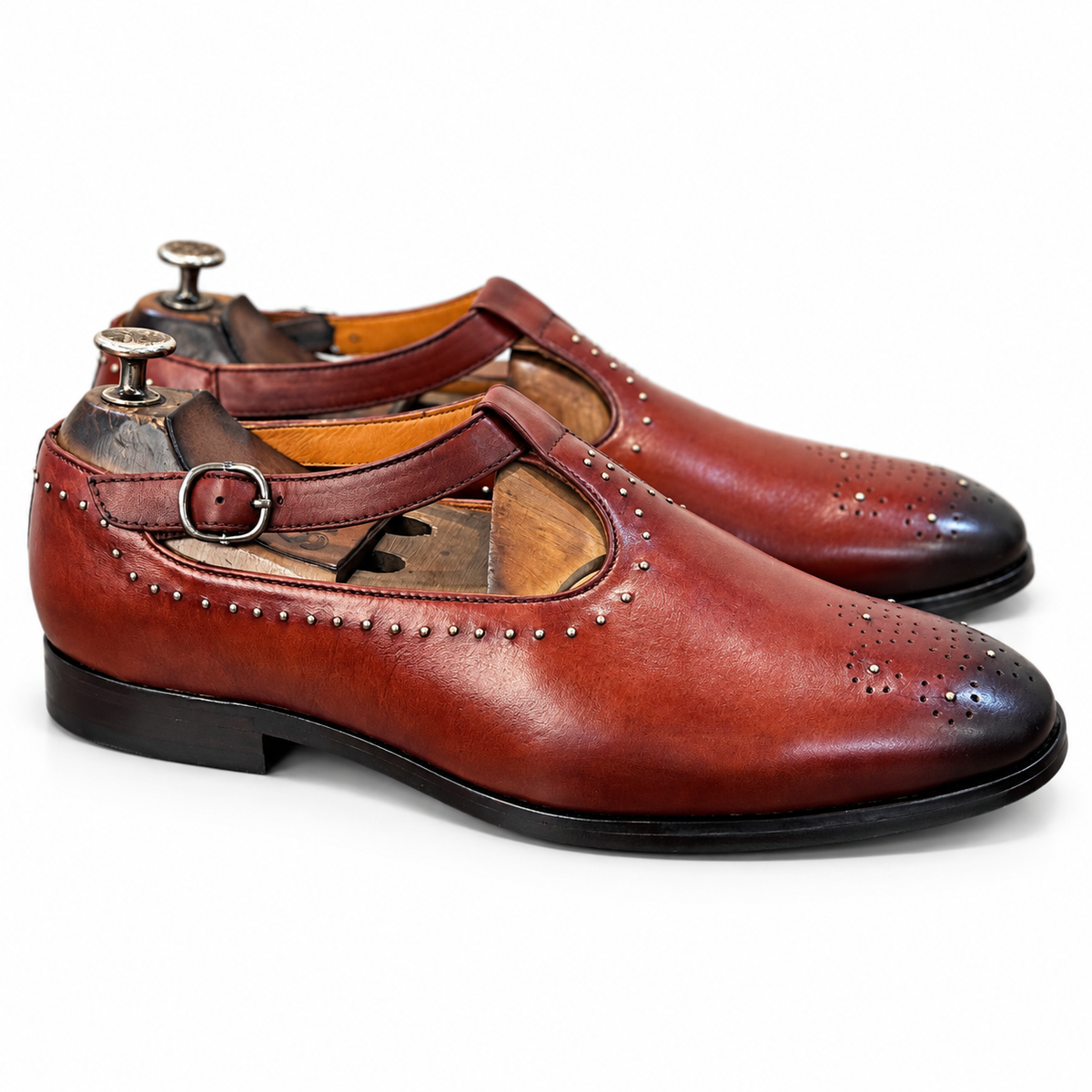 Burgundy Studded T-Bar Sandals