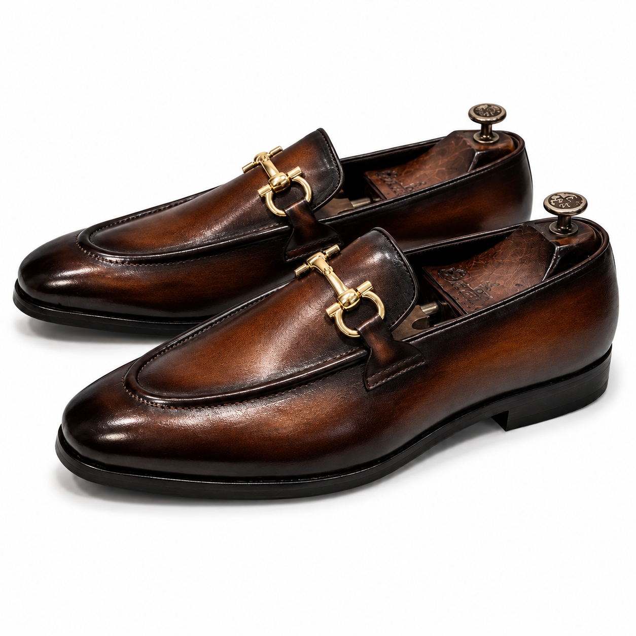 Cognac Gold Horsebit Leather Loafers