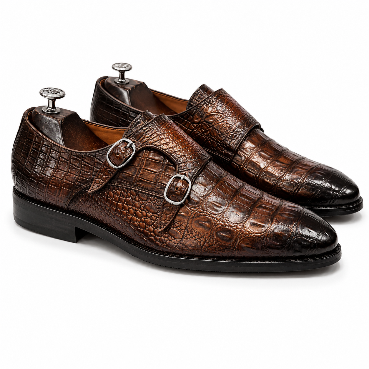Chestnut Embossed Leather Double Monk Strap Shoes