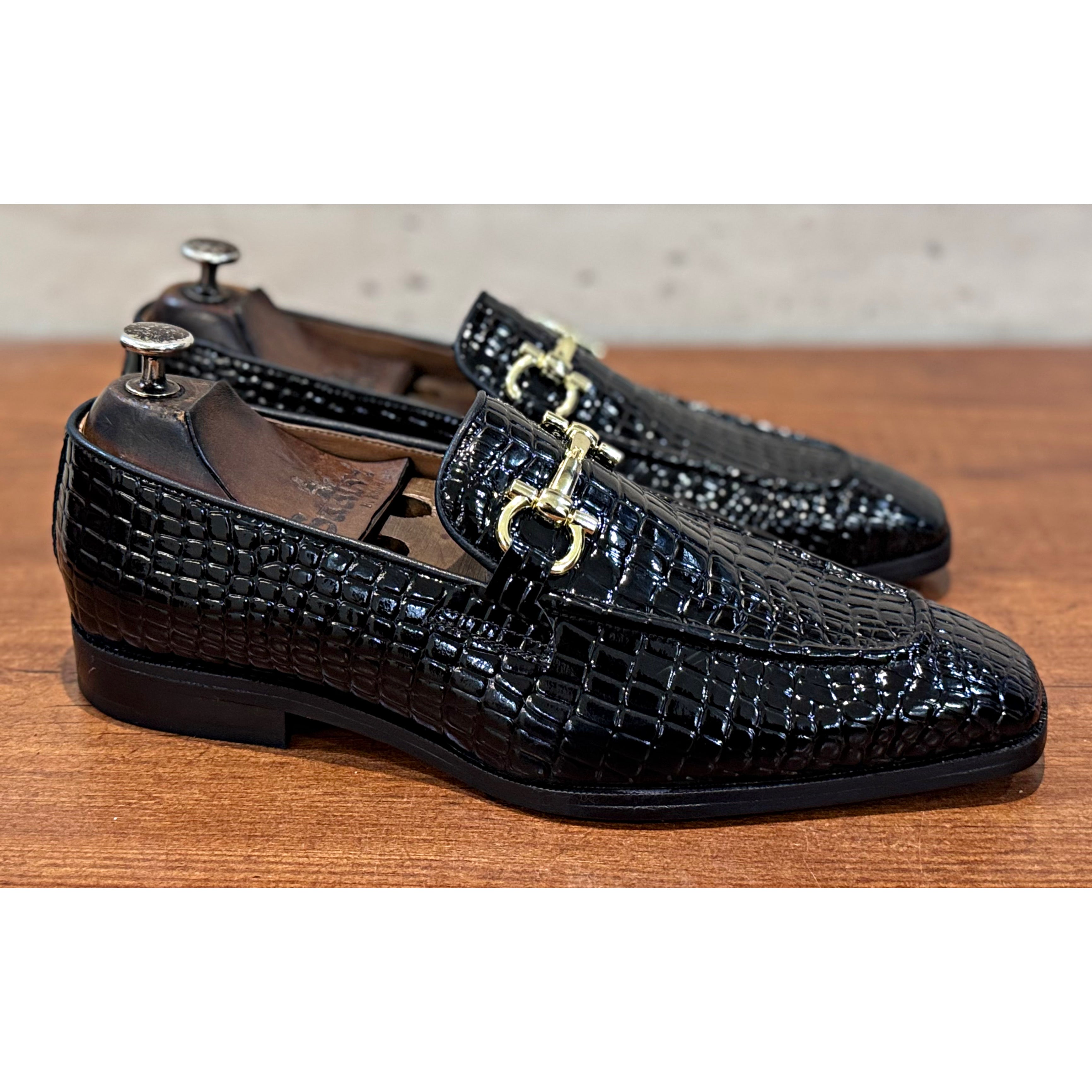 Black Croco Patent Loafers Golden Buckle
