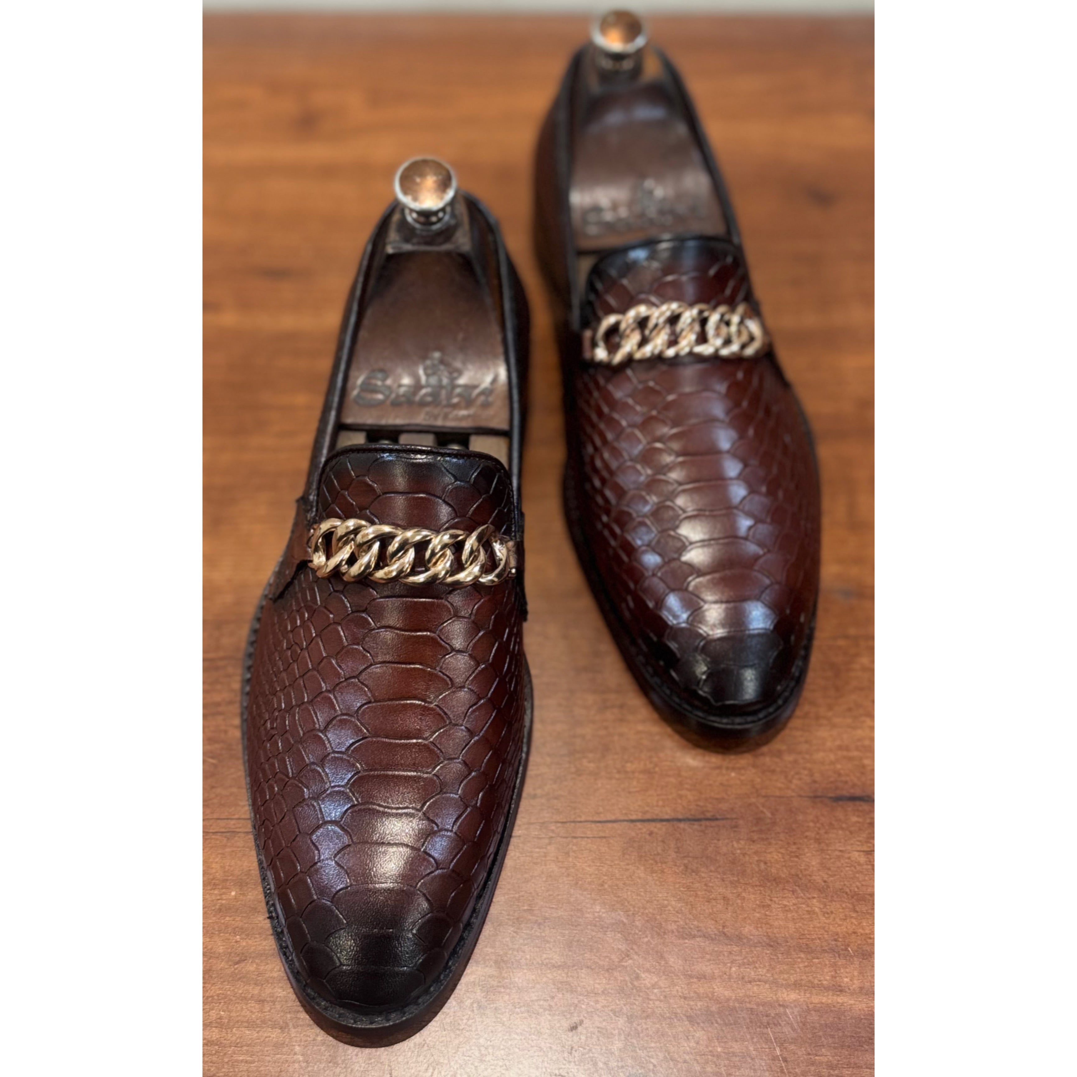 Python Embossed Loafers With Chain