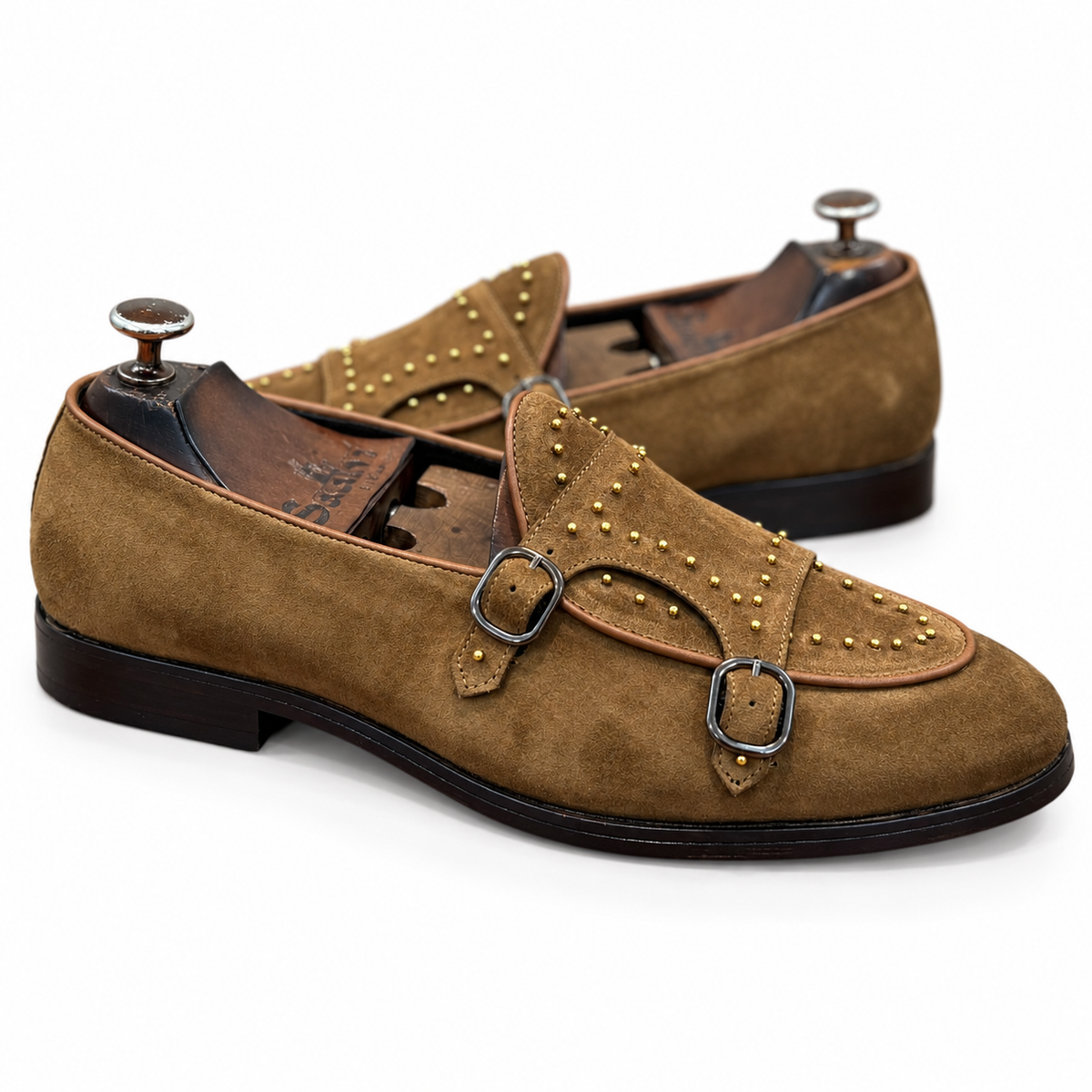 Antique Tan Studded Double Monk Straps